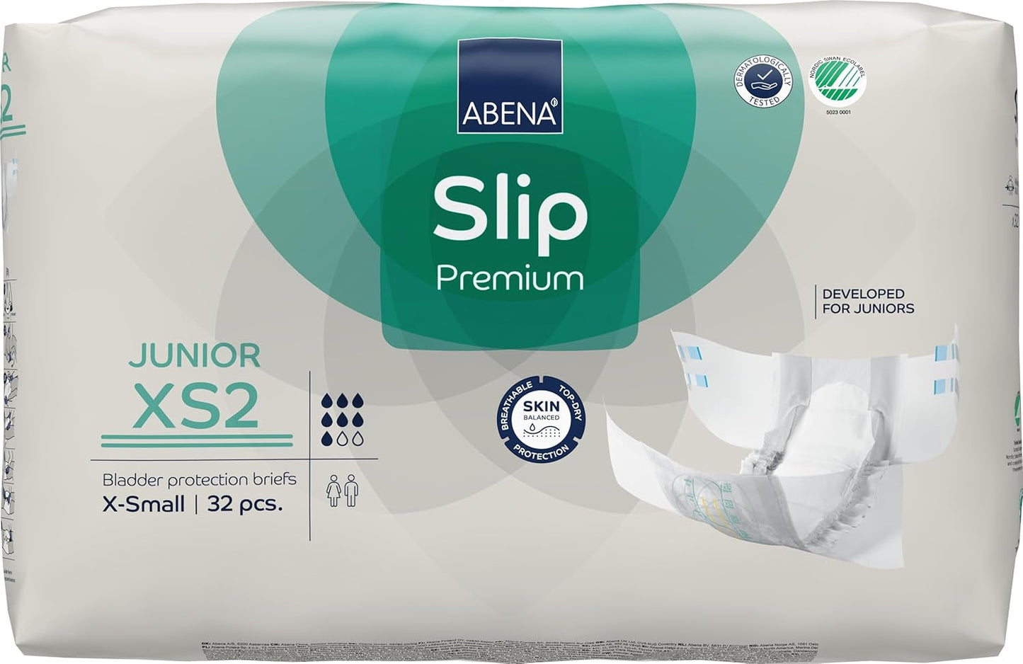 Premium juniorbleer, miljømærket, forbedret lækagebeskyttelse, sikre og behagelige babybleer - størrelse 7/XS2, taljeomkreds 40-60 cm, i alderen 5-15 år, 1 x 32 stk.