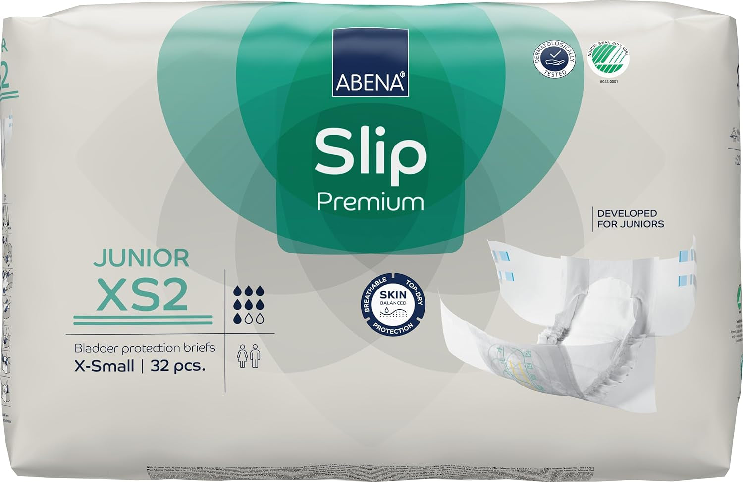 Premium juniorbleer, miljømærket, forbedret lækagebeskyttelse, sikre og behagelige babybleer - størrelse 7/XS2, taljeomkreds 40-60 cm, i alderen 5-15 år, 1 x 32 stk.