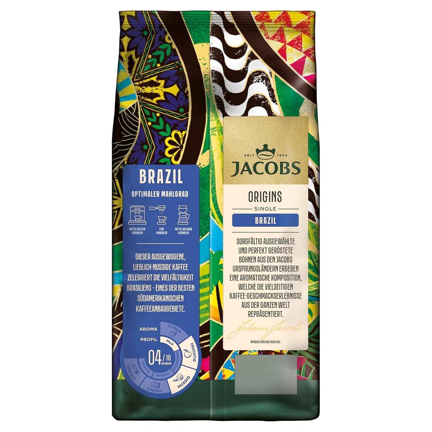 Jacobs Kaffeebohnen Origins Brazil, mild-nutsiger Geschmack aus Brasilien, geröstet i Bremen, Intensität 4/10, Kaffee ganze Bohnen, 1 kg