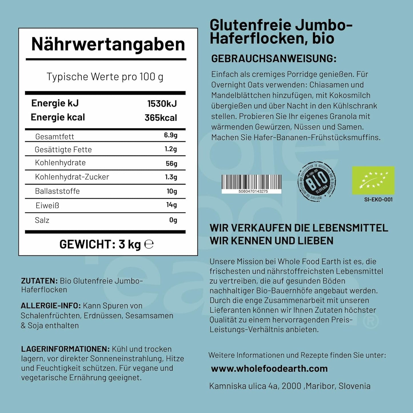 Wholefood Earth Økologisk Jumbo havregryn, glutenfri – 3 kg | Ikke-GMO | Vegansk | Rig på fibre | Certificeret økologisk