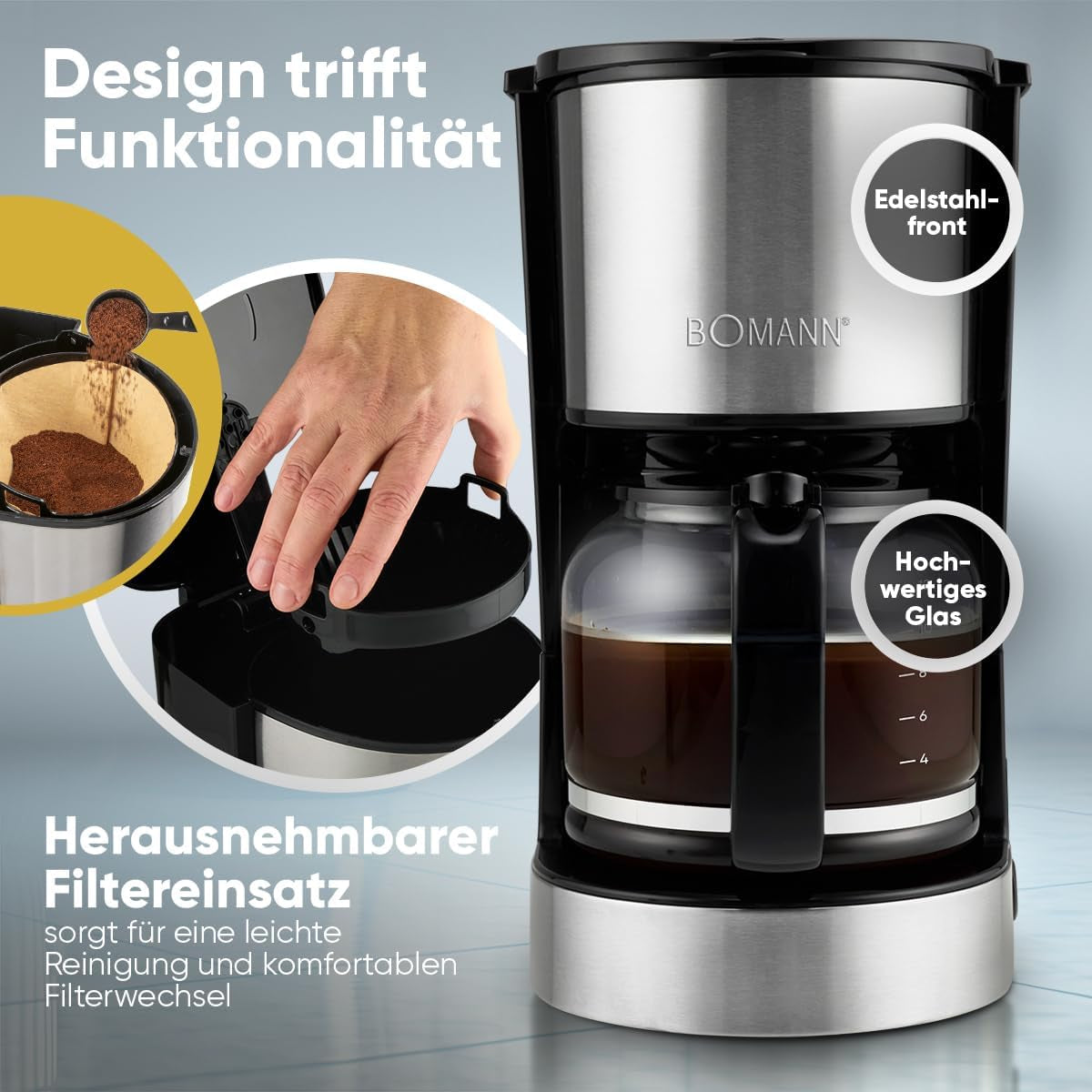 Espresso kaffemaskine med Bomann® filter | til 12-14 kopper | Kaffe espressomaskine med filter | Rustfri stålkasse | Anti-dryp | Espresso | Kaffe espressomaskine med filter | 800W | KA 6071 CB
