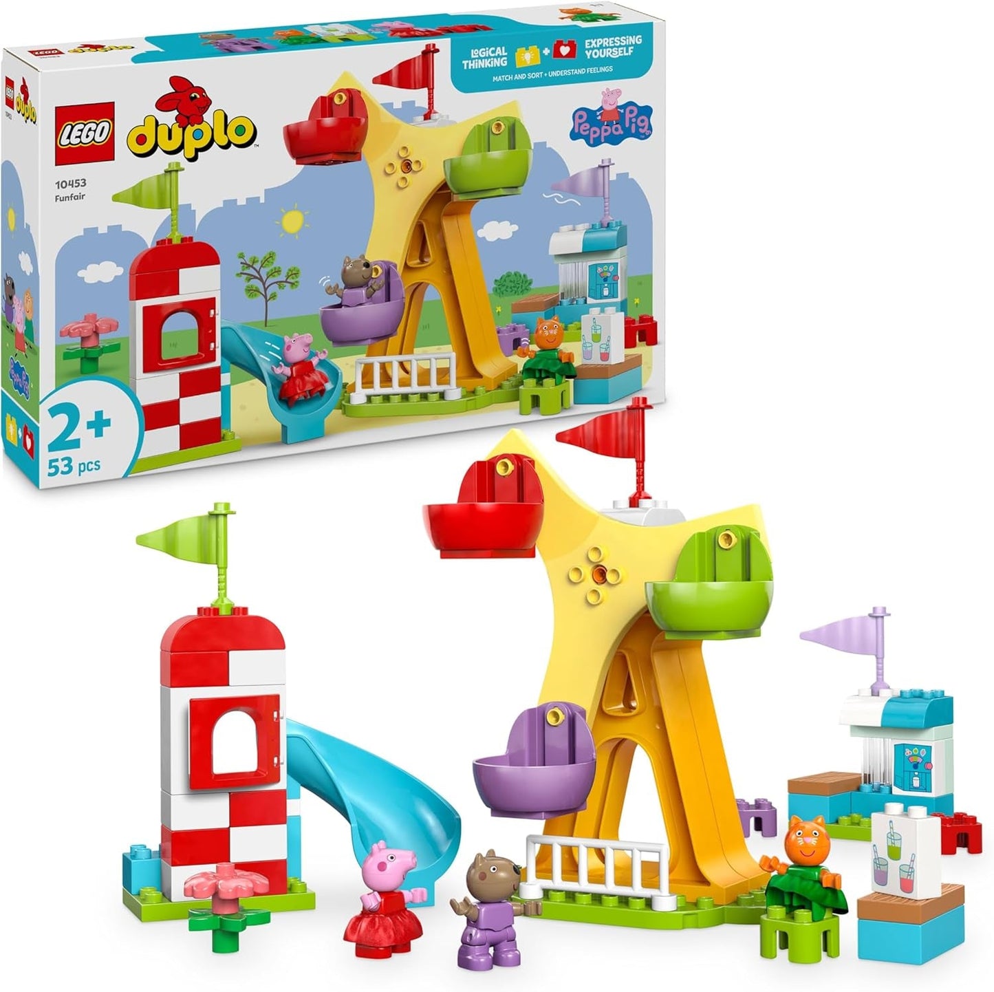 LEGO DUPLO Peppa Wutz Fairground - Børnelegetøj og motorisk legetøj for 2+ år - Førskolespil med stort hjul, rutsjebane og 3 figurer inklusive Mollie Kitty og Klausi Kläff - Gave til børn 10453 Byggesæt Besuche den LEGO-Store Standardtitel