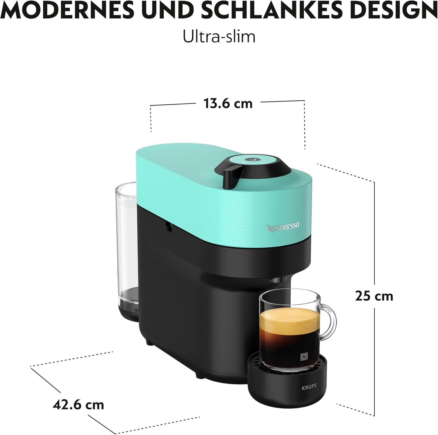 Espressomaskine med Nespresso Krups Vertuo Pop-kapsler, kapacitet: 560 ml, automatisk kapselgenkendelse, one-touch system, 4 kopstørrelser, forkortet opvarmningstid, bæredygtig, Aqua Mint, XN9204