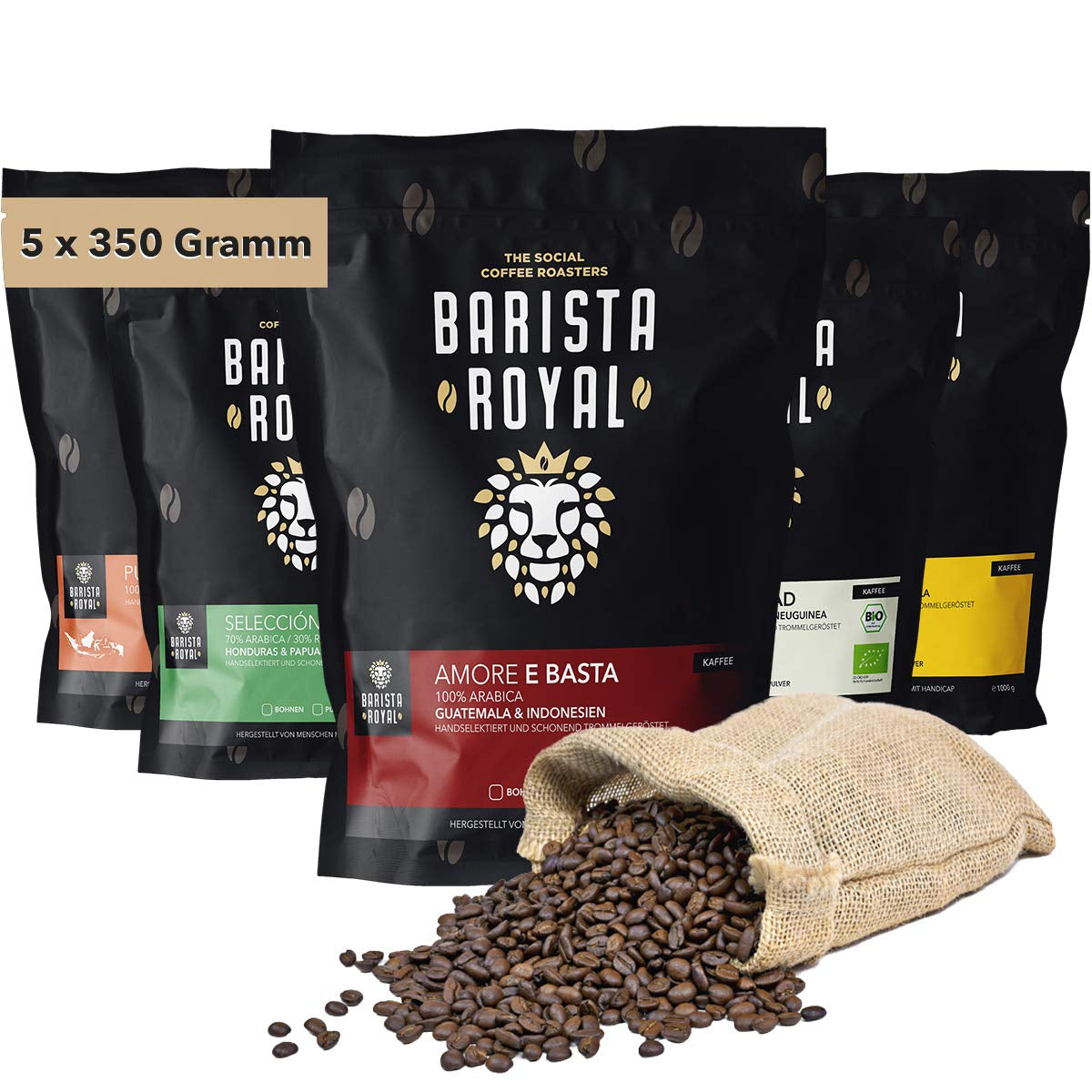 Hele bønne kaffesmagningssæt 5 x 350g | Discovery Pakke Kaffebønner i gavesæt | arabisk | Fair Trade | Vegansk | Ideel til automatiske espressomaskiner, filter-espressomaskiner, pour-over-espressomaskiner og franske presser | KONGELIG BARISTA