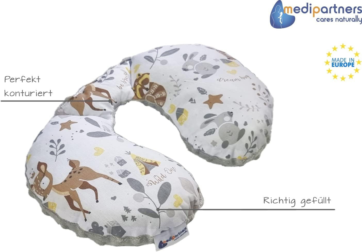Medi Partners Baby Nakkepude Nakkestøtte 100% Bomuld / Minky Baby Nakkepude til Bilvogn Rejser Søvn Nakkepude Snooze Roll (REH med Grå Minky) Cervikale ortopædiske puder Naty Shop