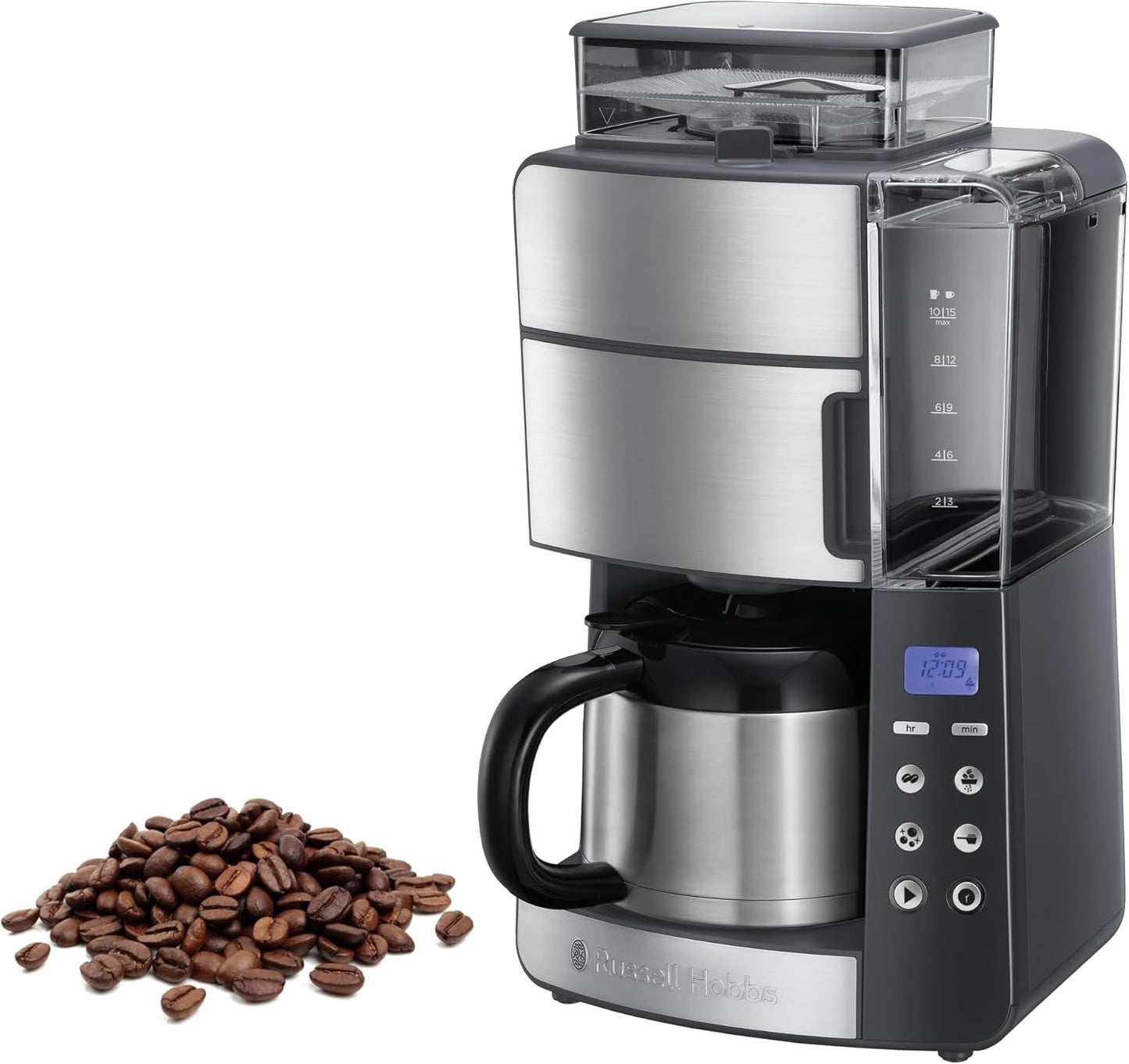 Russell Hobbs kaffemaskine med kværn og termisk karaffel [Digital timer, brusehoved for optimal udsugning og aroma] Grind&Brew (1-10 kopper, 3 maleindstillinger) Filterkaffemaskine 25620-56