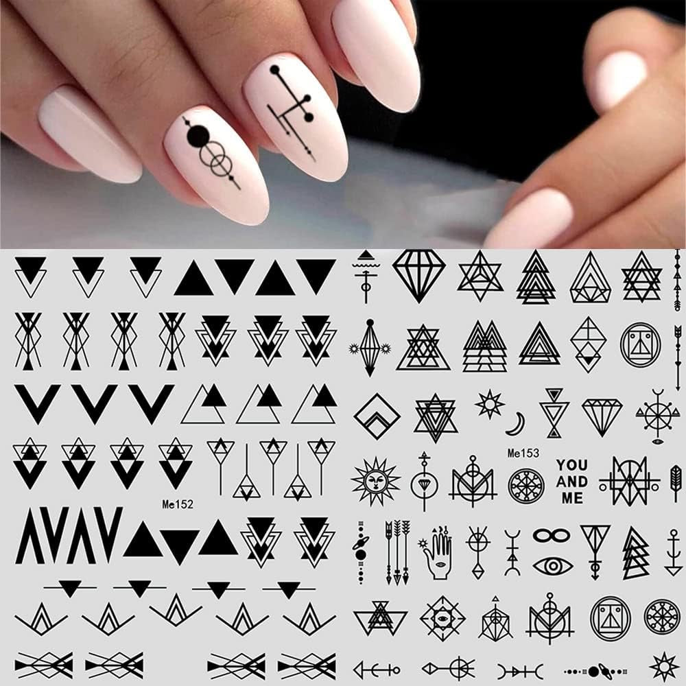 12 Blatt Nagelsticker Geometrisk Nagelaufkleber Selbstklebend Schwarz-Weißes Mysteriöses Dreieck Nail Art Sticker Dekoration Nageldesign Zubehör