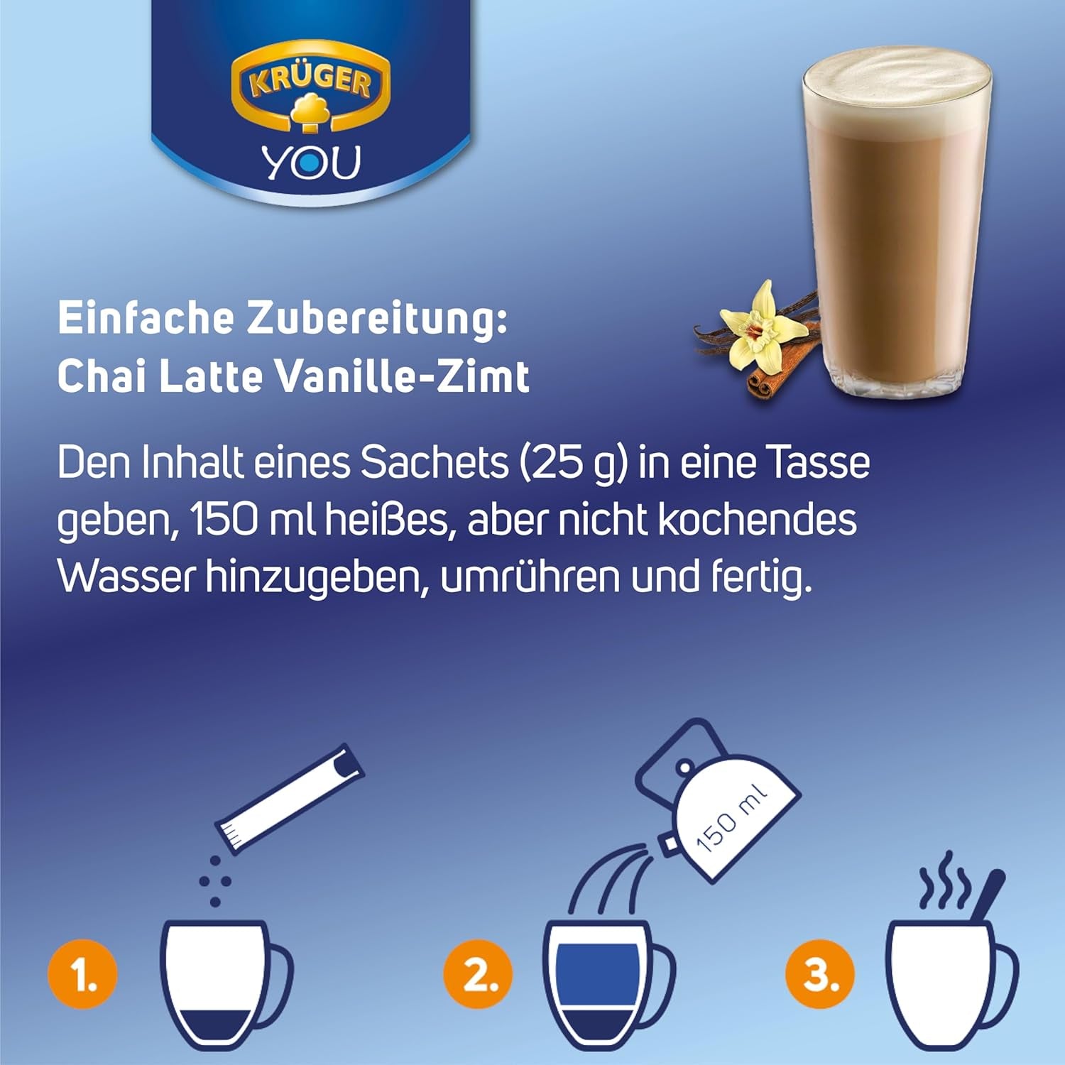 KRÜGER YOU Chai Latte Vaniljekanel, øjeblikkelig tilberedning til mælkedrikke, smagt til med vanilje og kanel, 250 g (10 poser á 25 g)
