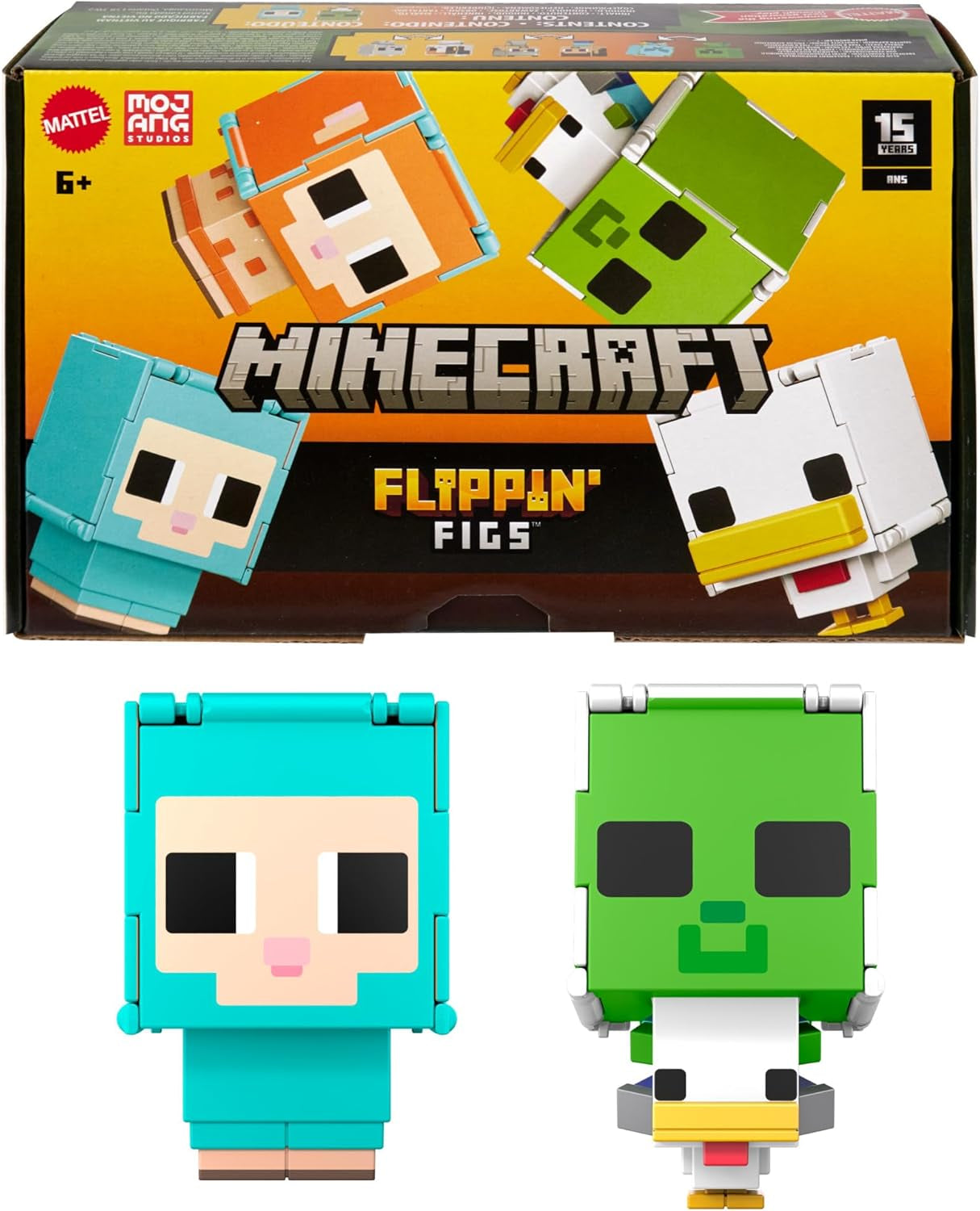 Mattel Minecraft Flippin' Figs får og kylling 2-pakke med 2-i-1 legefigurer, store hoveder og pixeldesign HXK17 actionfigurer Naty Shop får og kylling