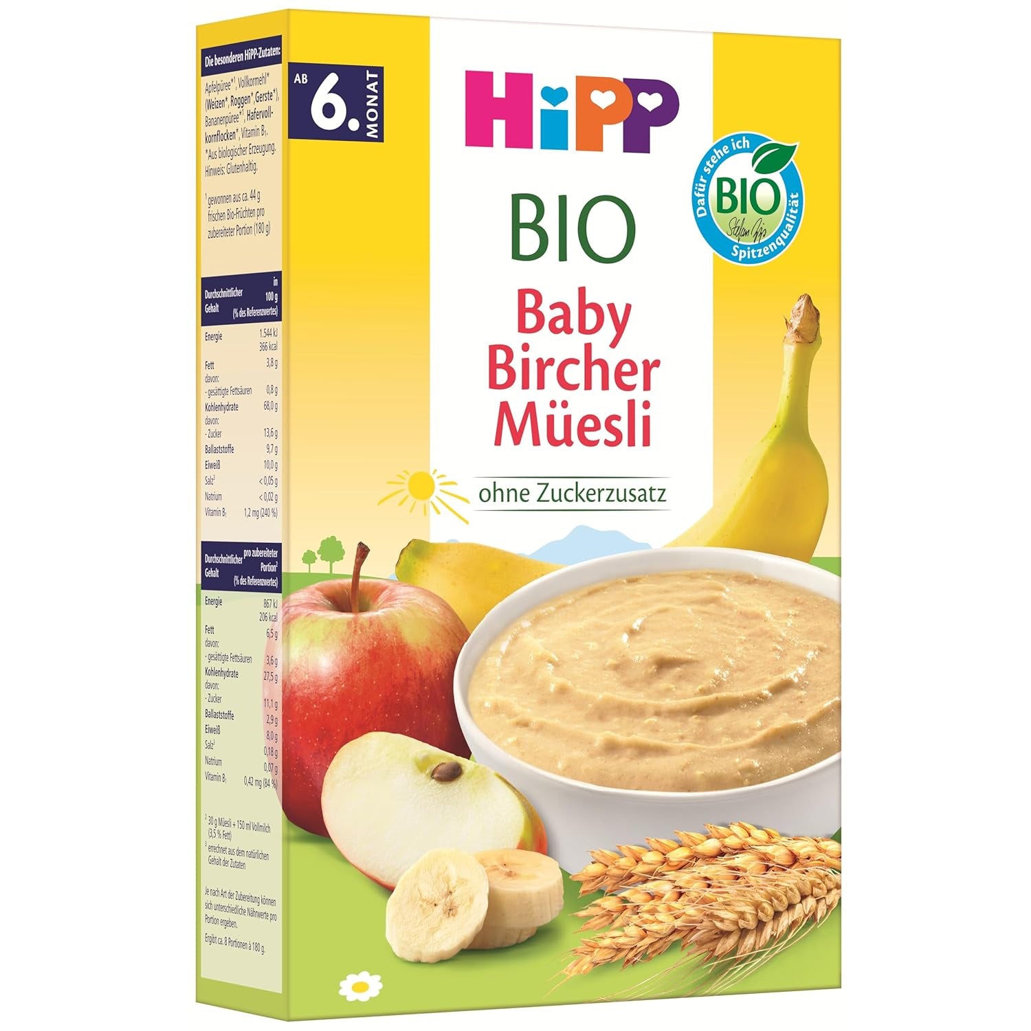 HiPP Müsli Bircher til økologiske babyer (8 x 250g), fra 6 måneder, uden tilsat sukker, ekstra bløde kornflager - letfordøjelig morgenmad af bedste økologiske kvalitet