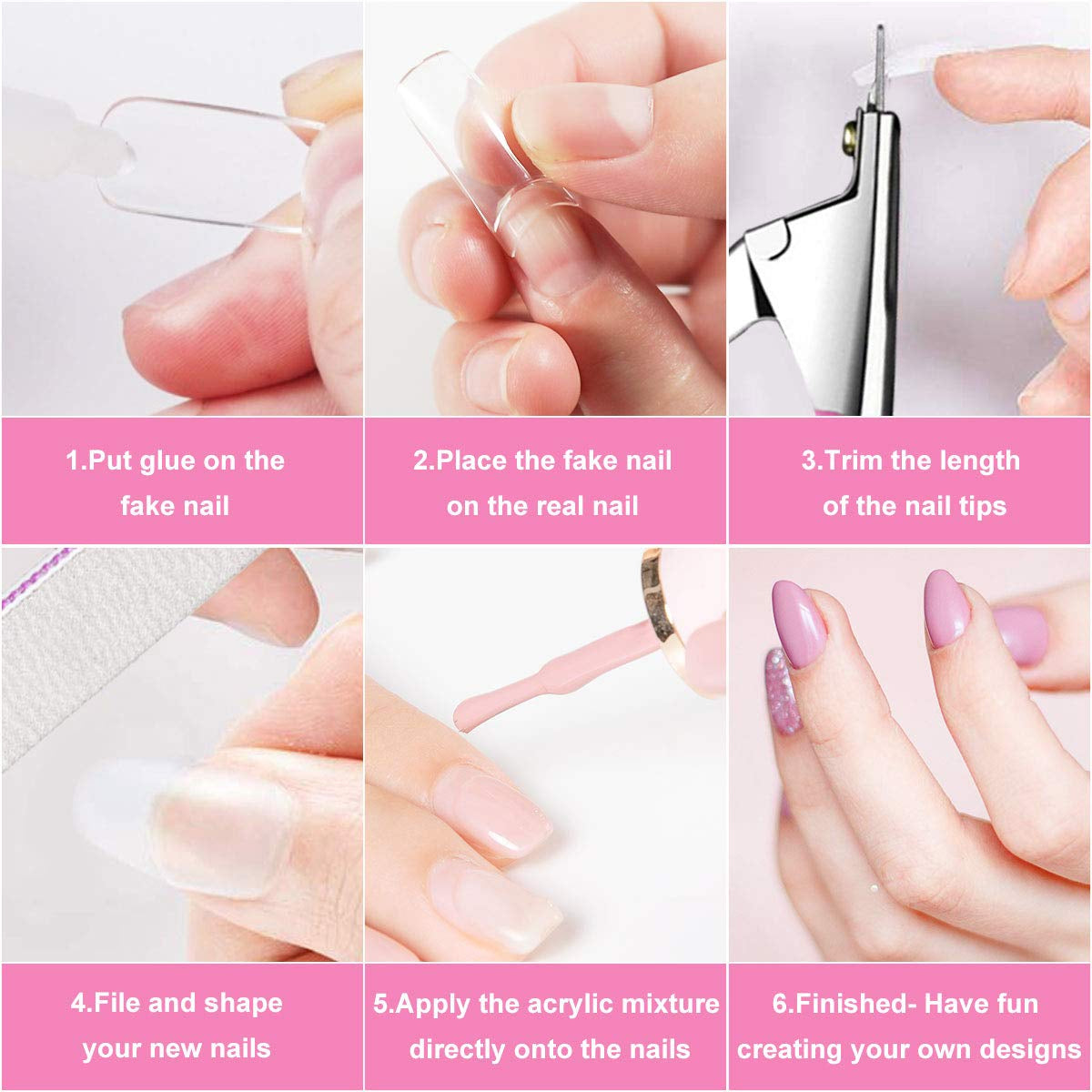 Falske negle 500 stk Naturlig farve kunstige falske negle 10 størrelser DIY Akryl med æske neglebørste Cuticle Pusher Neglefil