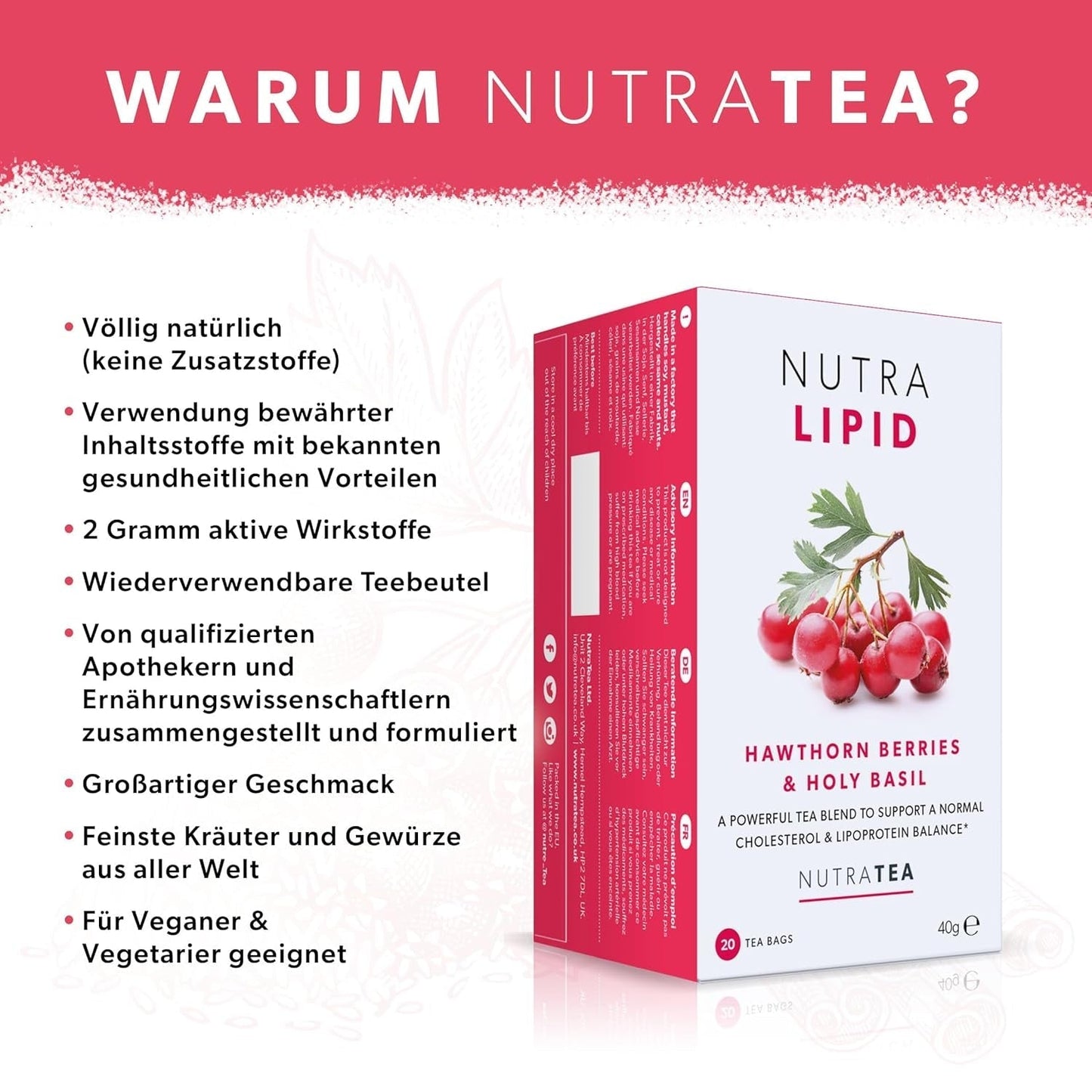 Nutra Tea NUTRALIPID, Blodsukkerbalancerende te Hjælper med at opretholde blodsukkerniveauet, Slankende te Forbedrer stofskiftet og kan undertrykke appetitten, 20 genanvendelige teposer