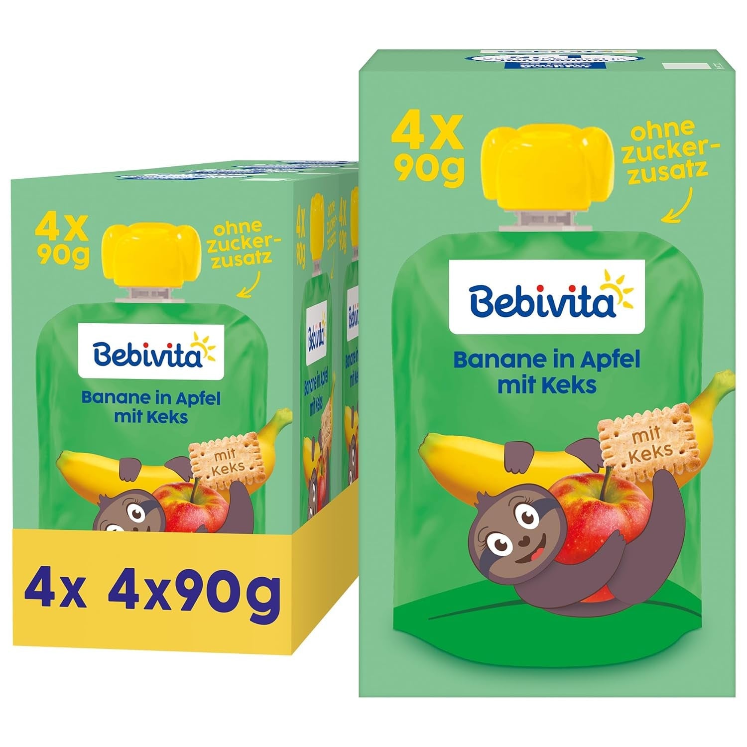 Banan i æble med kiks wrap - 16 stykker (4 pakker, 4 x 90 g hver), uden tilsat sukker, lavet af mild frugt og sunde korn, ideel til take-away og snacks på farten