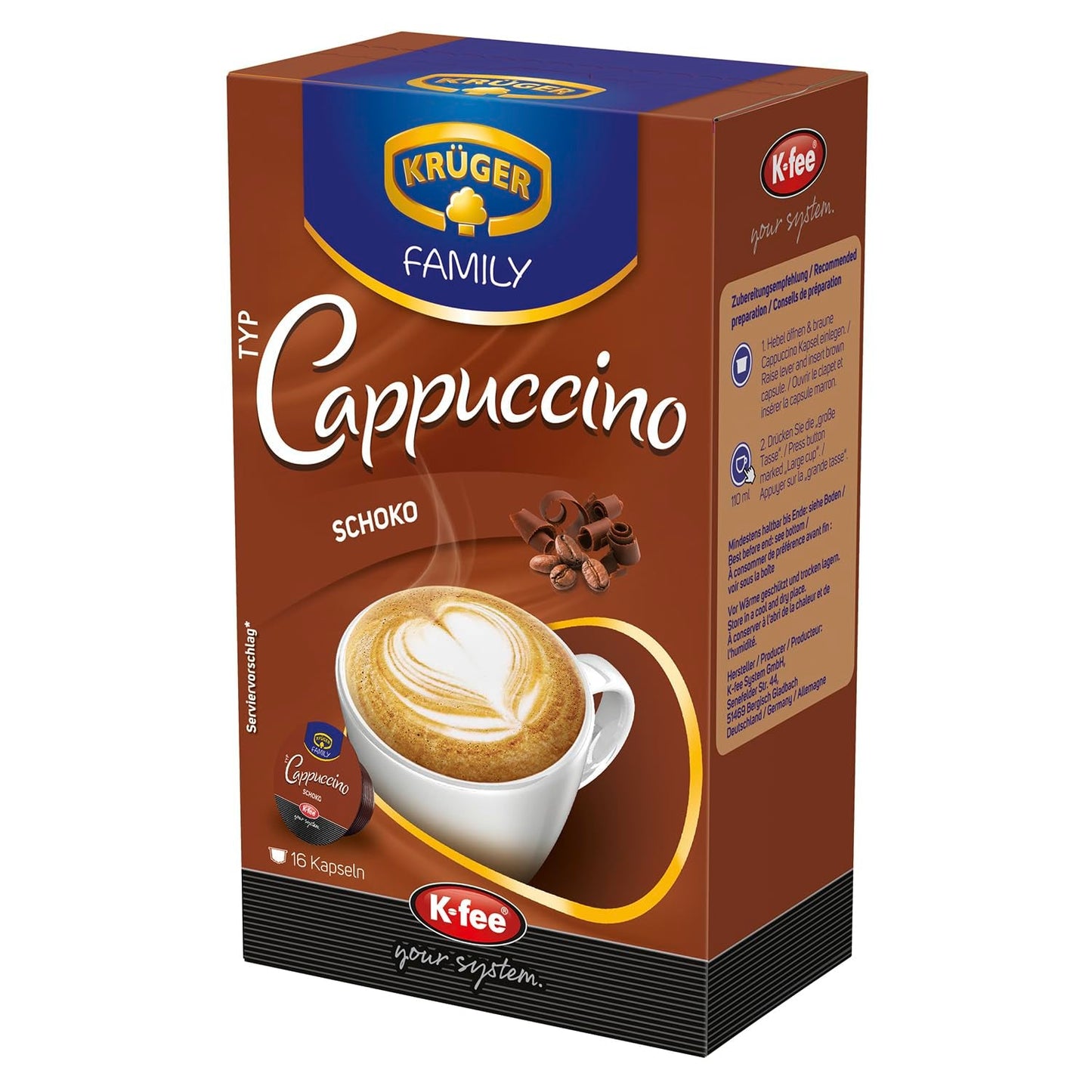 KRÜGER Cappuccino Schoko kaffekapsler, kompatible med K-fee og ALDI EXPRESSI* Kapselmaschinen, instant kaffe med smag, 96 kapsler
