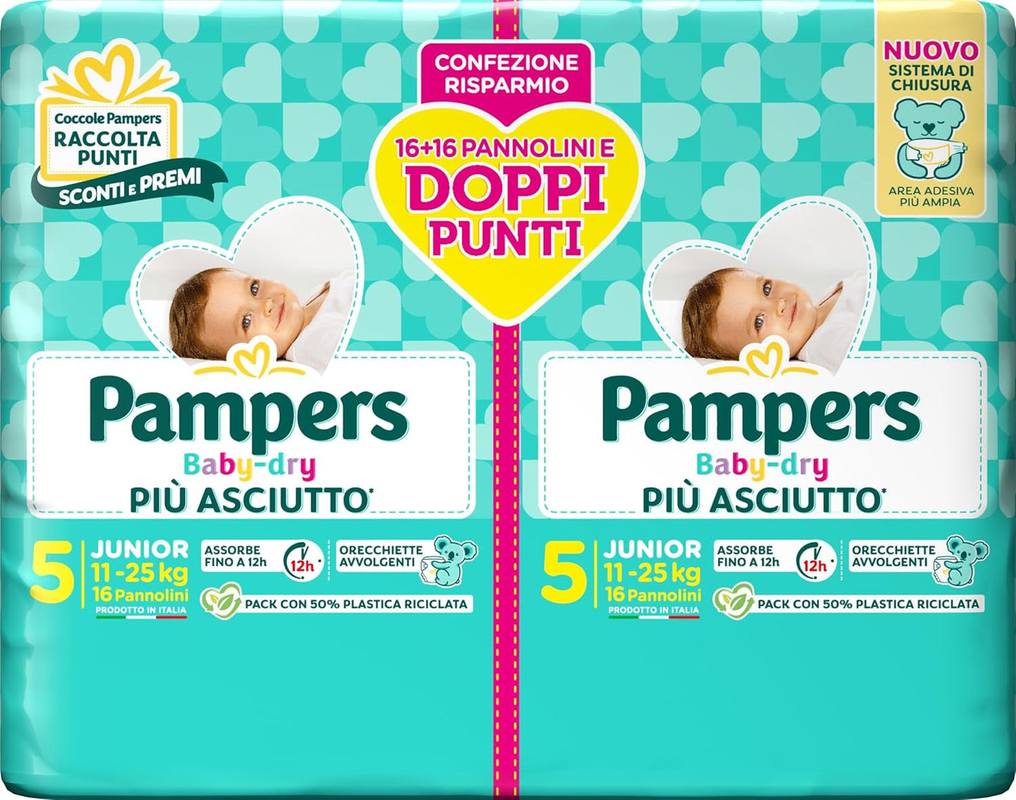 Pampers Baby Dry Junior DWCT bleer, tvillingpakke, størrelse 5 (11-25 kg), 32 bleer