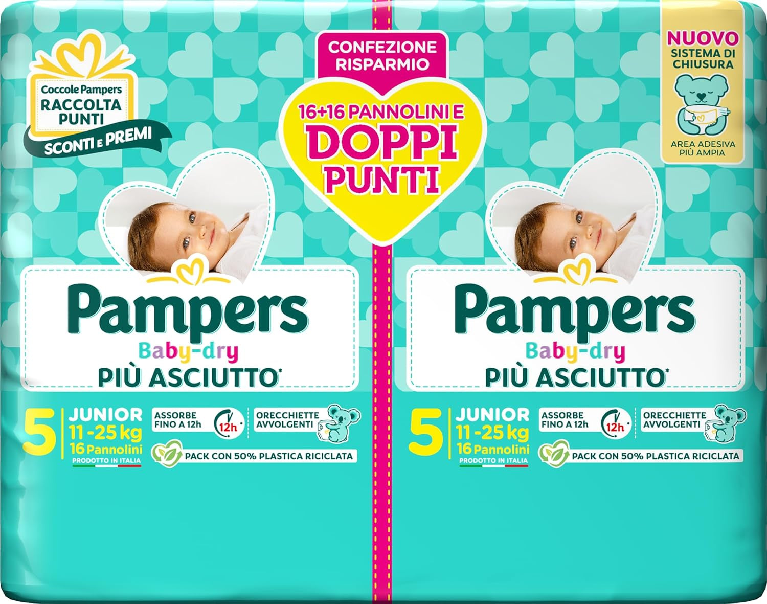 Pampers Baby Dry Junior DWCT bleer, tvillingpakke, størrelse 5 (11-25 kg), 32 bleer