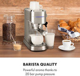 Klarstein Futura Espressomaskine, Bærbar Filter Espressomaskine, 1450 W, 20 bar, Barista Kvalitet, Dobbeltmundstykke, Flowstop, Bærbar Filter Espressomaskine, Mælkeskummerfunktion, Sølv