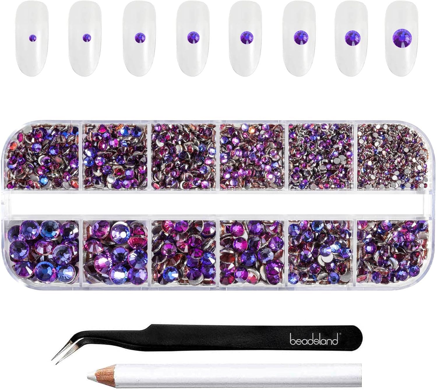 Beadsland 2500 stk Glas Nailart Strasssteine ​​​​Kristall Flatback Edelsteine ​​​​Runde, ​​Für Handwerk Gemischt 8 Größen SS4 ~ SS30 Mit Picking Pinzette Und Stift (Kristall Weiss)