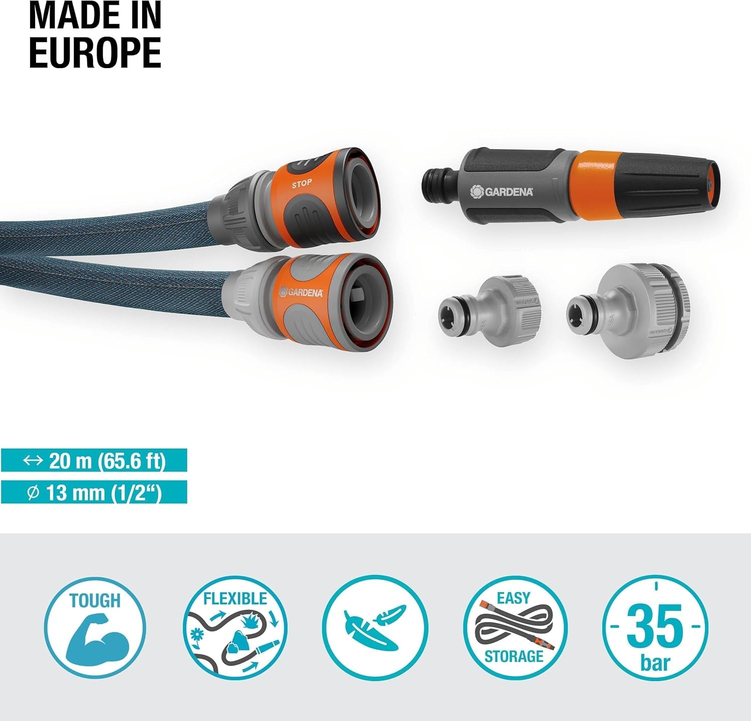 Gardena Liano Xtreme 1/2 tommer 20 m sæt: Ekstremt robust tekstilhaveslange med let, vejrbestandig PVC inderslange (18470-20)