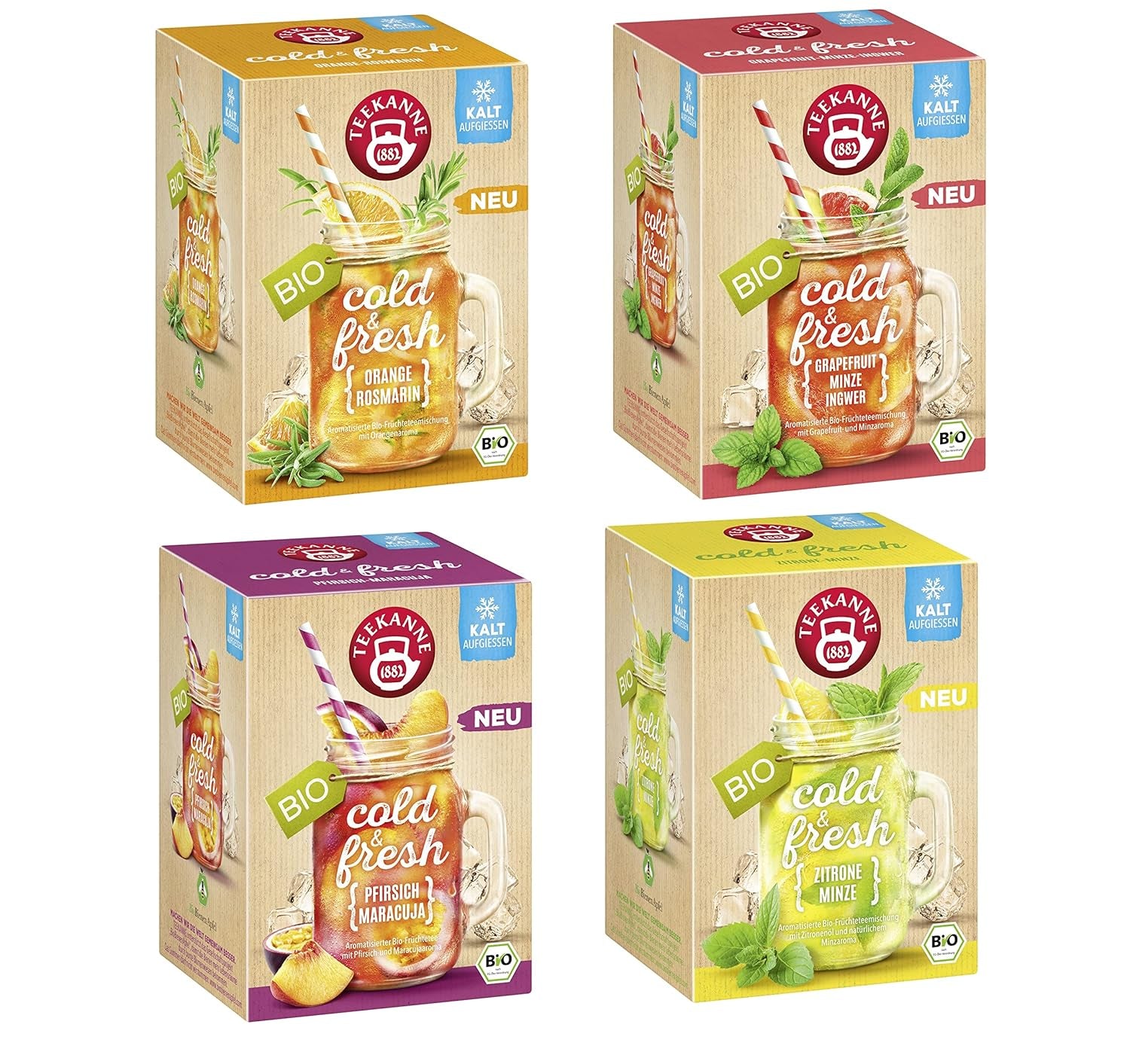 Teekanne Cold & Fresh BIO 4Er Mix - Med de nye varianter citron-mynte, fersken-maracuja, appelsin-rosmarin, grapefrugt-mynte-ingefær (4 X 45G)
