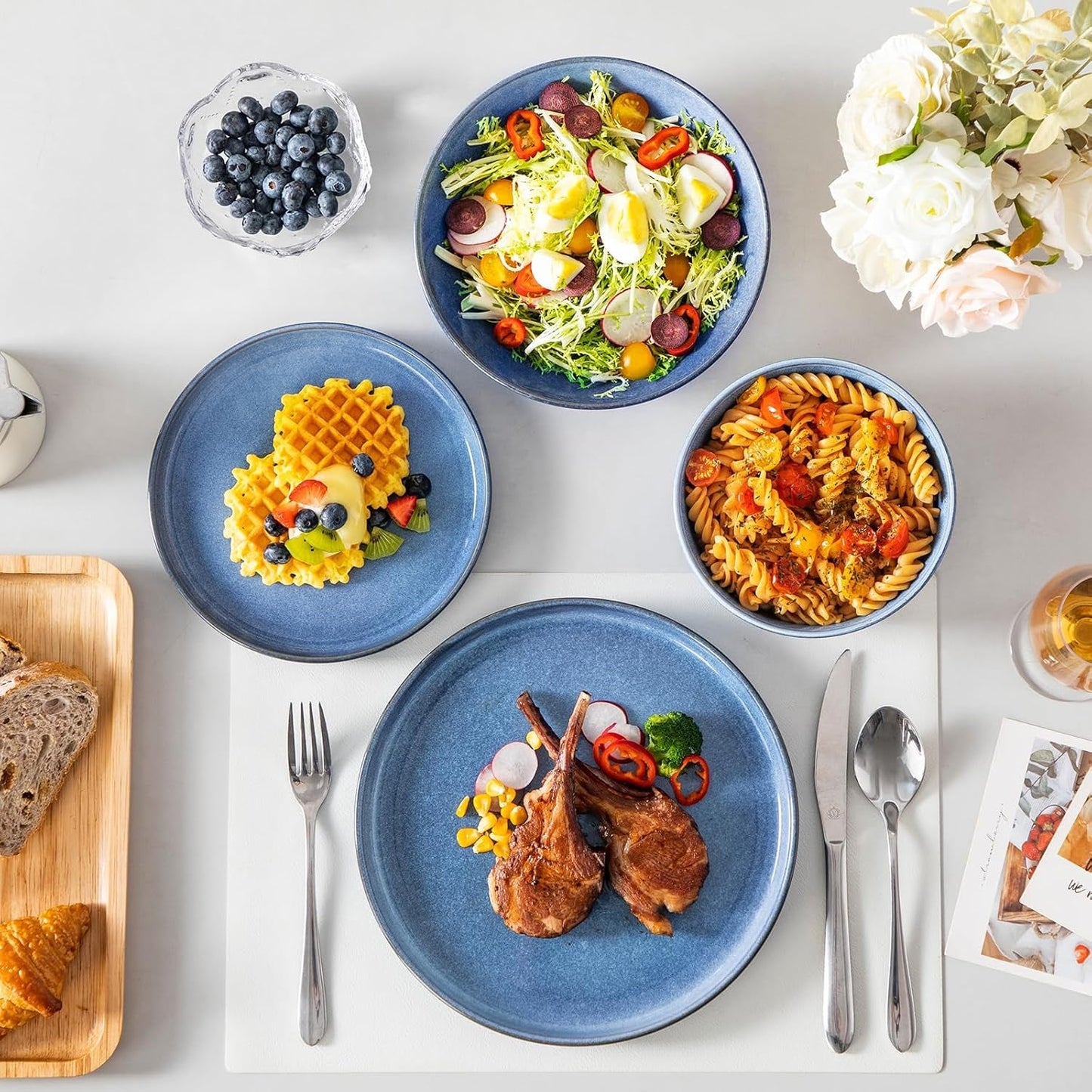 Steingut Geschirrset 6 Personen, vancasso ANYA Blau Teller Set Modern 24 teilig, Tafelservice mit Speiseteller, Suppenteller, Desserttellern, Schüsseln, Geschirr Set Spülmaschinen und Mikrowellenfest