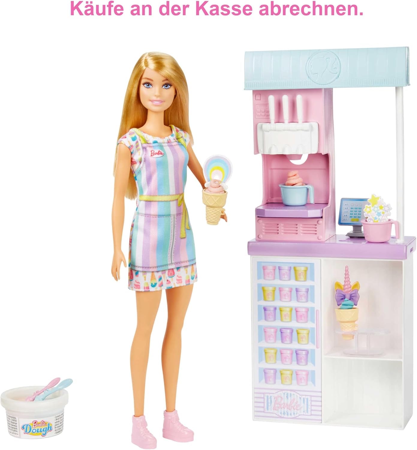 Barbie You Can Be Anything-serien, Isbar, 1x Barbie-dukke med blond hår, Ismaskine, Barbie Play-Doh, Bagetilbehør, Gave til børn, Legetøj fra 3 år og op, HCN46