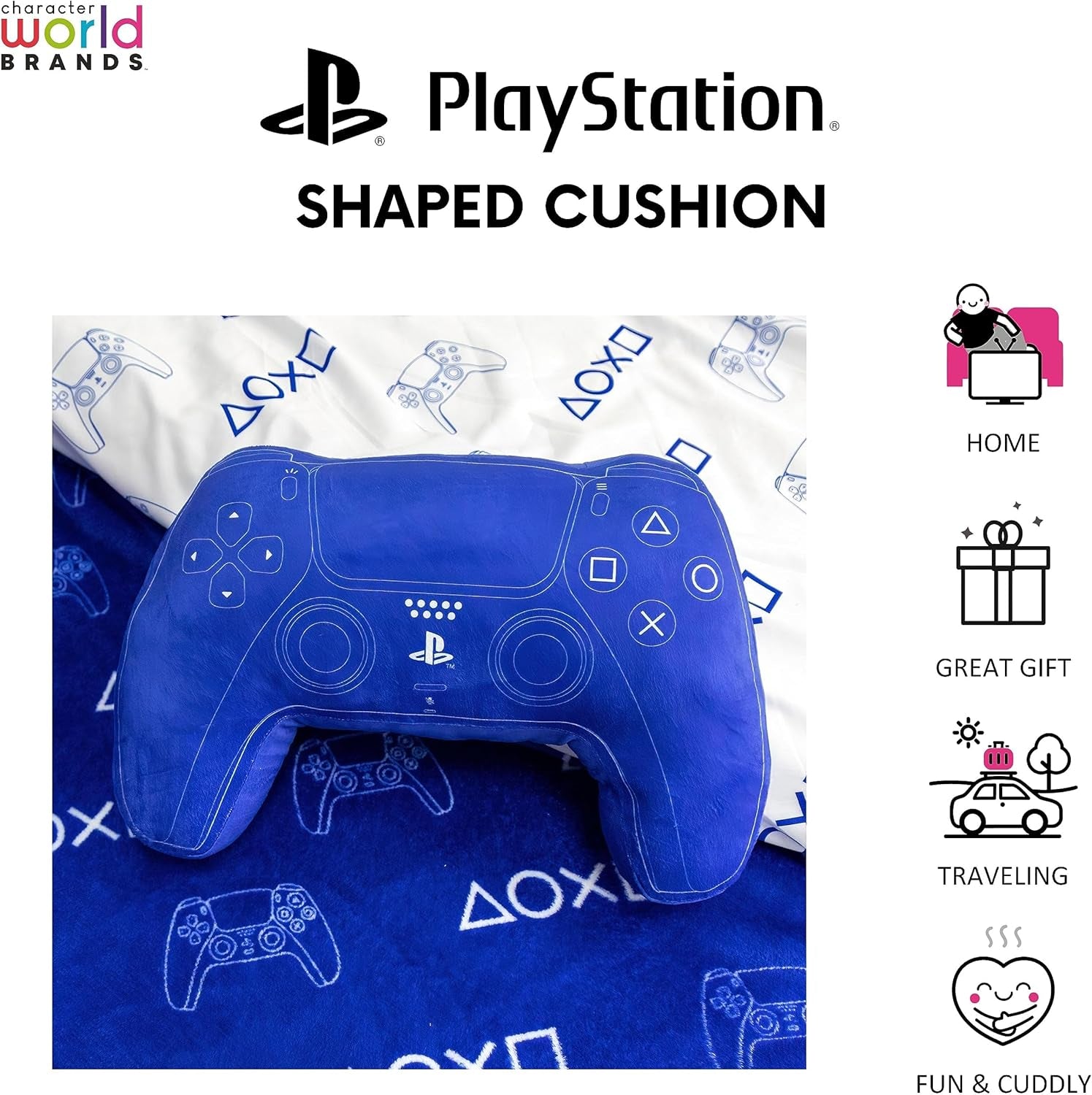 Character World: Officielt licenseret Playstation-controller-formet pude, håndsætdesign, fyldt plyspude | Perfekt til soveværelse eller legeindretning, blå Naty Shop standard puder