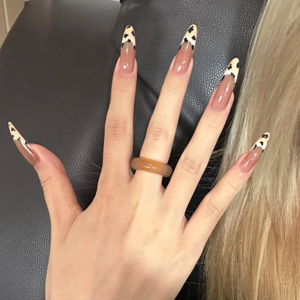 Moonglow Lange Negle Stiletto Mælkehvid Pink Gradient Glitter Cool falske negle med lim Pink Ombre Glitter Kunstige negle