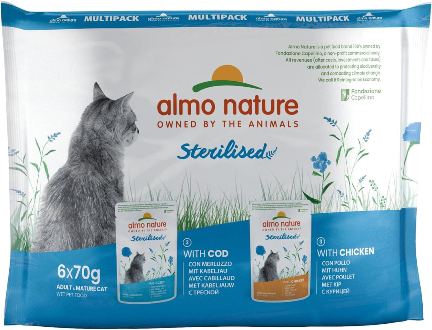 Almo Nature Functional - Steriliseret - Vådfoder til voksne og seniorkatte, steriliseret eller mindre aktive - med torsk og kylling - Fedtfattig, fugtgivende - 70g (pakke med 6)