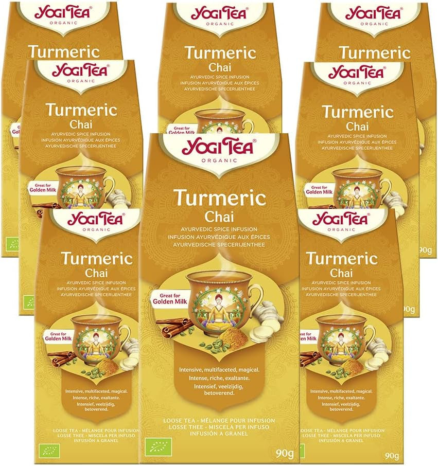Yogi Tea - Kurkuma Chai Økologisk krydret ayurvedisk te Koffeinfri Gurkemeje Kanel Ingefær Blend Yogi Te Løs 8 x 90 g (720 g) Pakke Ideel gave