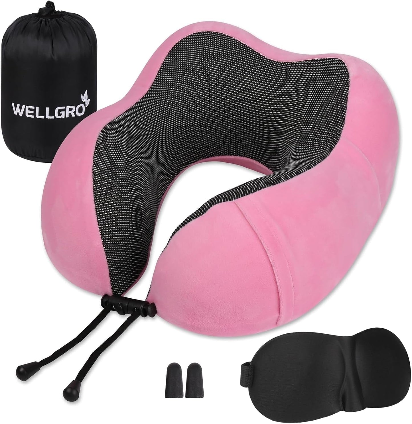 WELLGRO Nakkepudesæt med 3D-søvnmaske og ørepropper - Aftageligt betræk - Memory Foam - Lynlåslukning - Inklusiv opbevaringstaske - Rejsepude - Farvevalgbar, Farve:Grå Naty Shop Pink Ortopædiske livmoderhalspuder