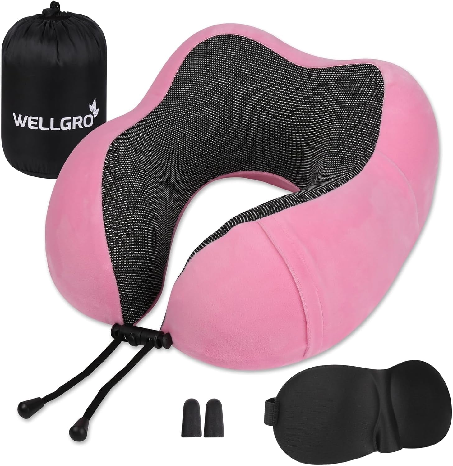 WELLGRO Nakkepudesæt med 3D-søvnmaske og ørepropper - Aftageligt betræk - Memory Foam - Lynlåslukning - Inklusiv opbevaringstaske - Rejsepude - Farvevalgbar, Farve:Grå Naty Shop Pink Ortopædiske livmoderhalspuder