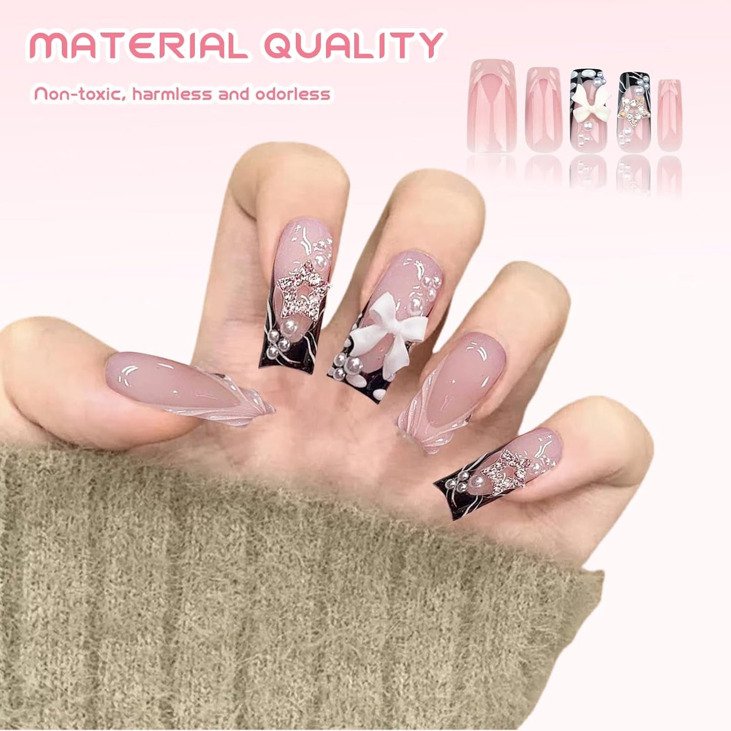 24 stk mellemlængde Rhinestone Pink Square Pearl Glitter 3D falske negle til kvinder piger
