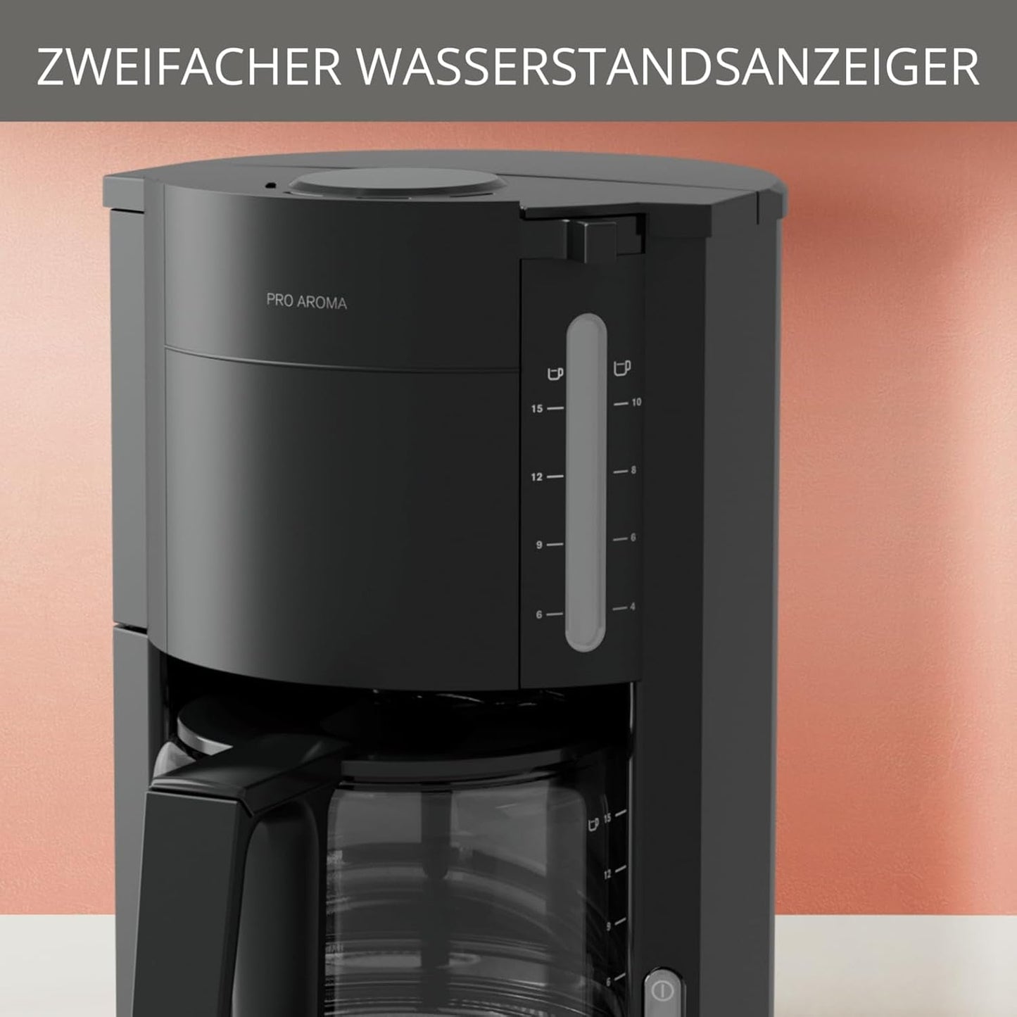 Krups F30908 ProAroma Espressomaskine med filter og glaskaraffel, kapacitet 1,25 l, 10-15 kopper, 1050 W, sort