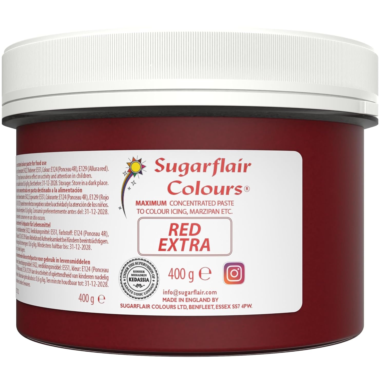 Madfarve Sugarflair Max Concentrated Rød, højkoncentreret madfarve til marcipan og fondant, pastafarve Max Concentrated - 400 g