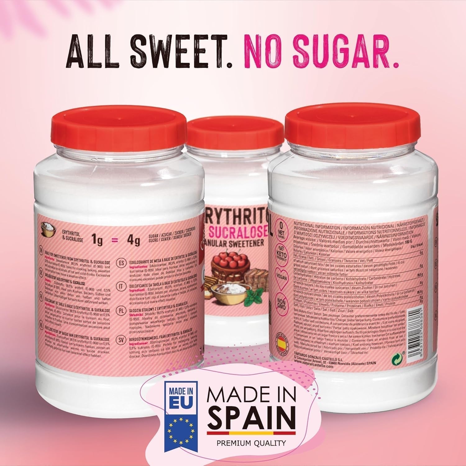 Erythritol + Sucralose 1:4 Süßstoff | 1G = 4G Zucker | 0 Netto-Kohlenhydrat - 0 Kalorien - 0 Glykämischer Index - Keto - Kein GVO - Castello siden 1907 - 1 Kg Sødemidler Naty Shop