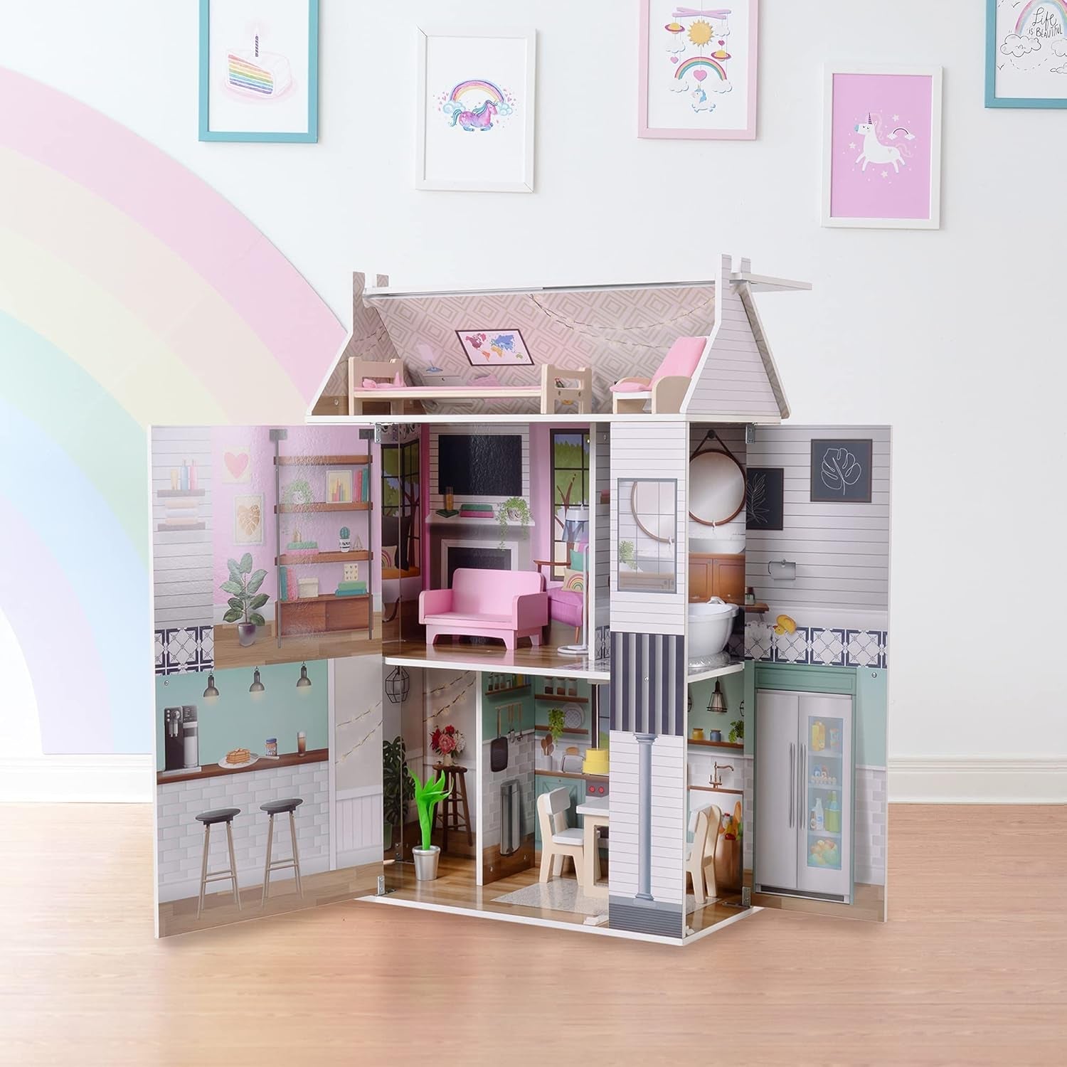 Olivia's Little World Dreamland 3-tiers interaktivt dukkehus i træ med 13 dukkemøbeltilbehør Hvid TD-13632A