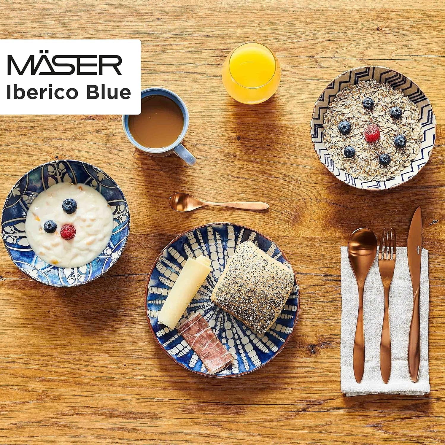 MÄSER 934017 Iberico Blue 4-personers middagssæt, 12 dele, maurisk stil, forskellige vintagedesigns i hvid og blå, keramik