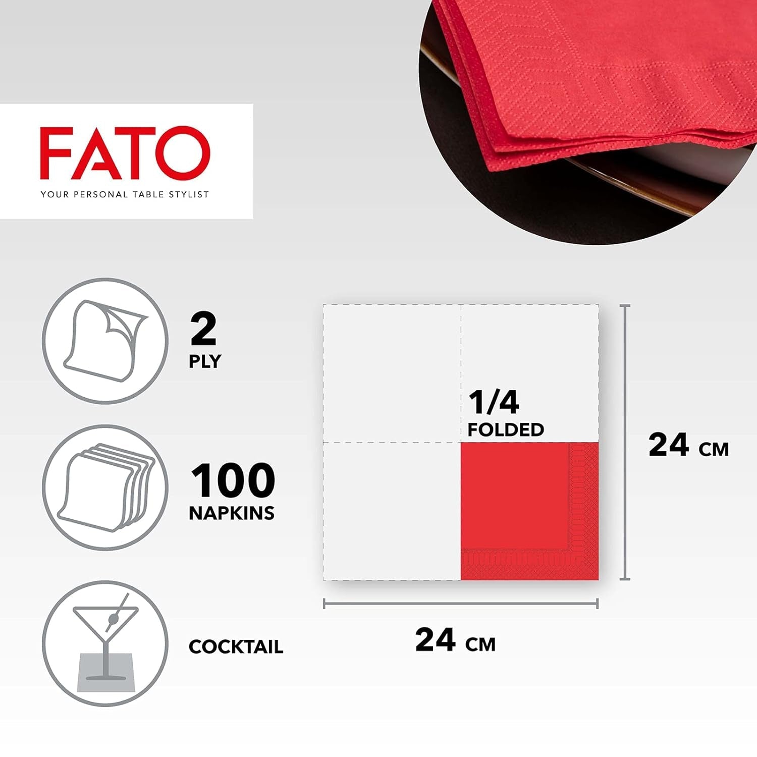 - Engangspapirservietter, ideelle til forretter og cocktails, pakke med 100 servietter, størrelse 24X24, 4 gange, 2 lag, rød farve, 100% rent cellulosepapir, Fsc-certificeret