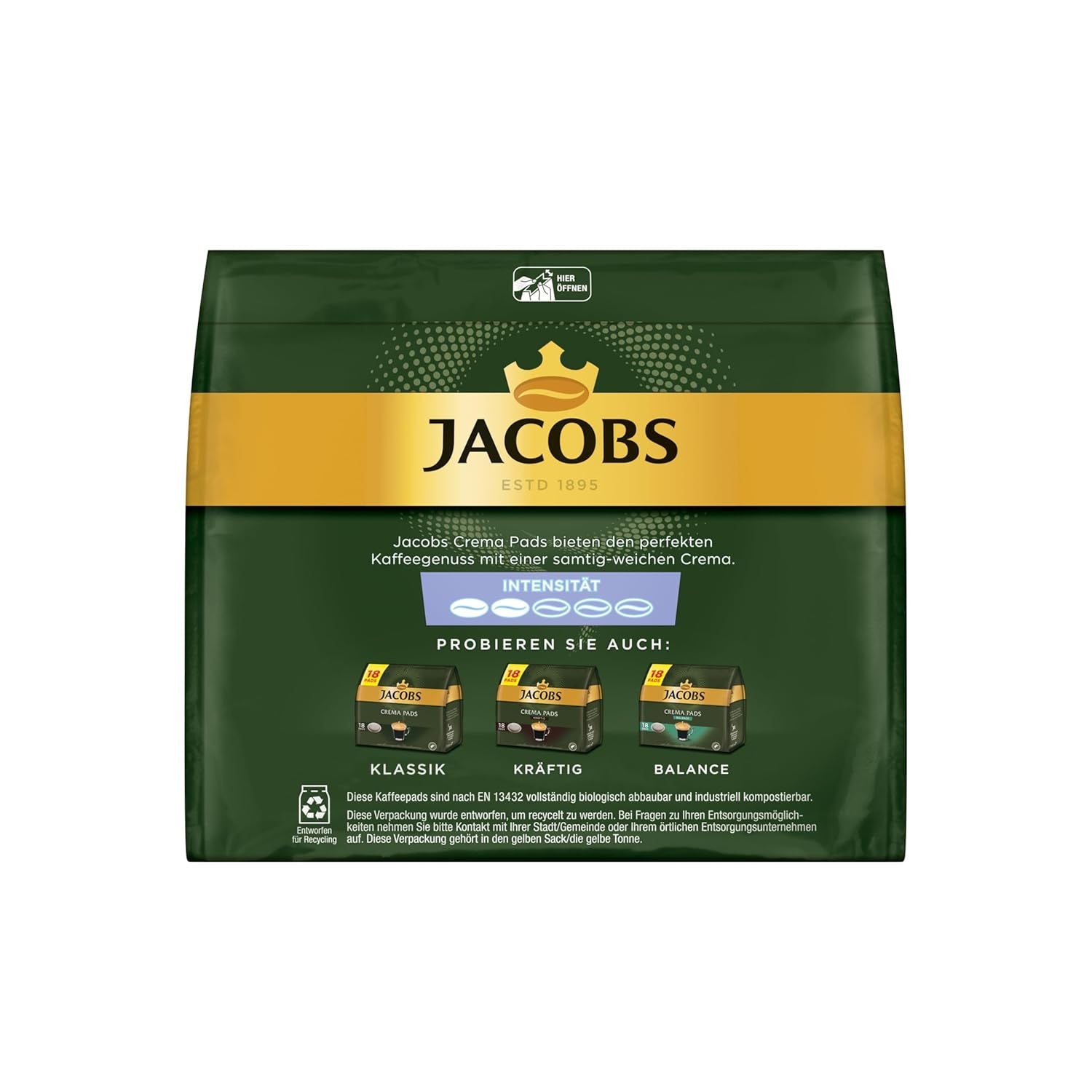 Jacobs Pads Crema Mild, Senseo-kompatible pads, 5 x 18 Getränke, 90 Kaffeepads