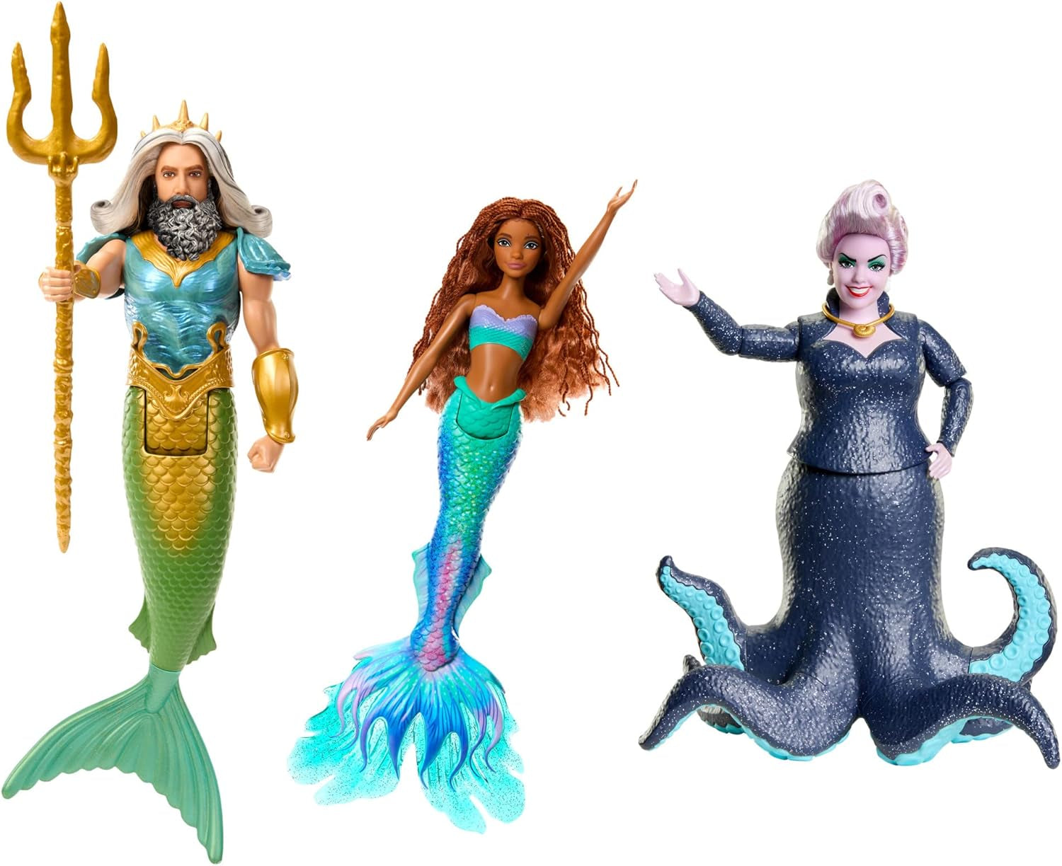 Mattel DISNEY Arielle Havfruesæt med Mala, Karina og Arielle, unikke outfits og frisurer, til fantasifuld leg og indsamling, for alderen 3 og opefter, HND29 Naty Shop King Triton, Ursula og Ariel dukker