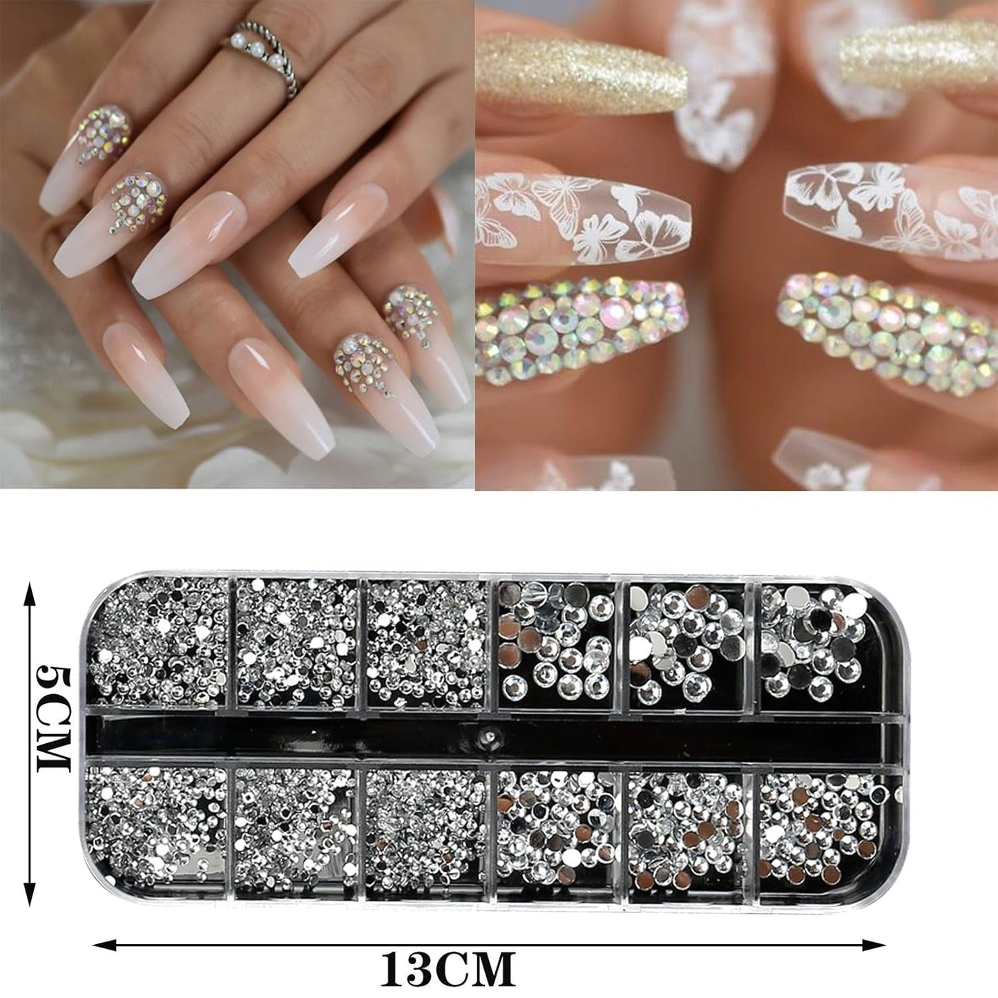 10 æsker til negle-rhinestones-sæt, multifunktionelt tilbehør med 1 pincet, dekorative diamanter, krystaller, perler, ædelstene, farverige, blandede, hesteøjne, metalliske sten, til DIY-neglekunstdekorationer