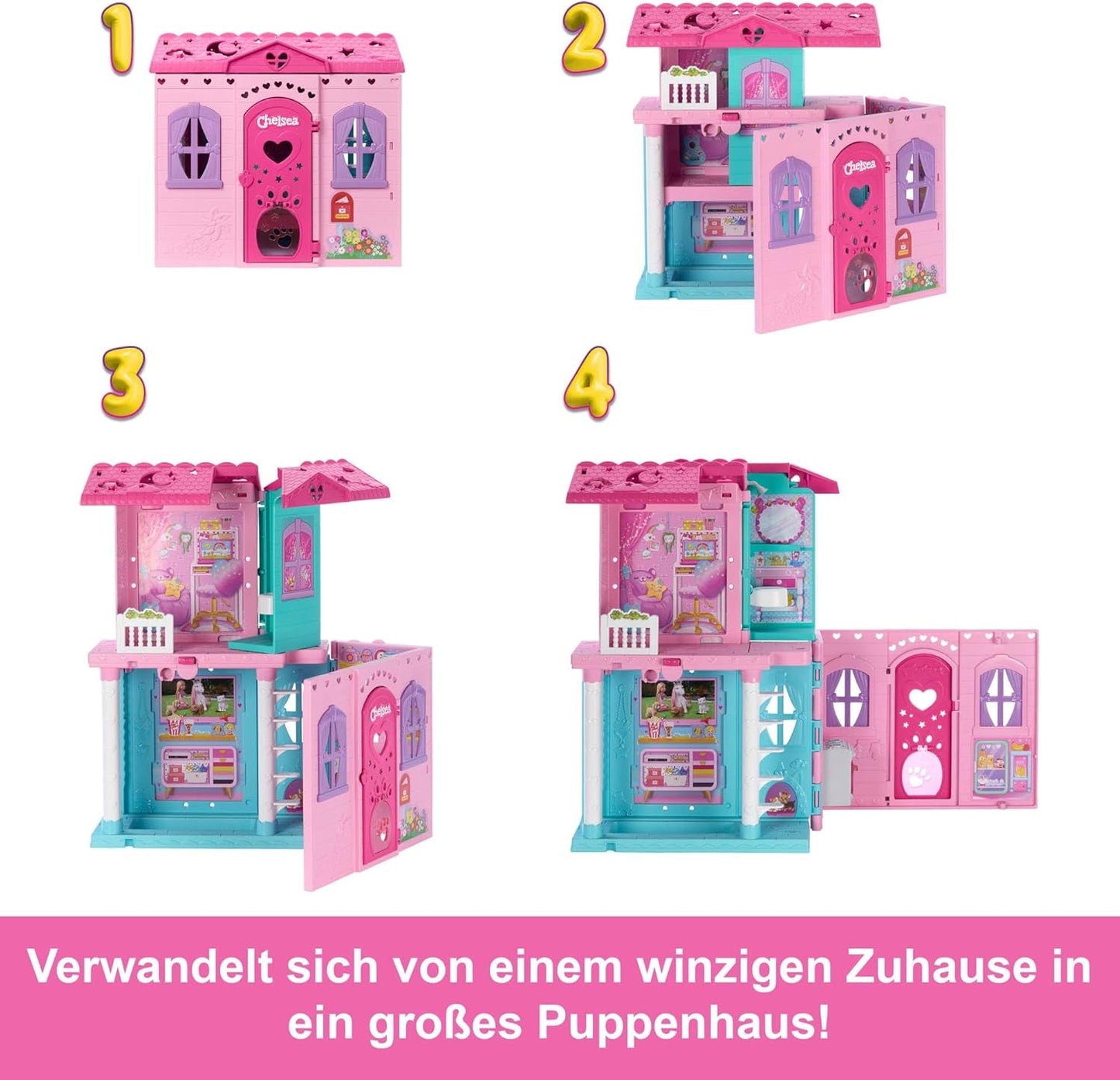 Barbie Chelsea dukkehus med 15+ tilbehør, pop-up-hus udvides til over 42 x 33 cm med 5 legeområder og en rutsjebane, med en lille dukke og en hund, JFW49