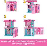 Barbie Chelsea dukkehus med 15+ tilbehør, pop-up-hus udvides til over 42 x 33 cm med 5 legeområder og en rutsjebane, med en lille dukke og en hund, JFW49