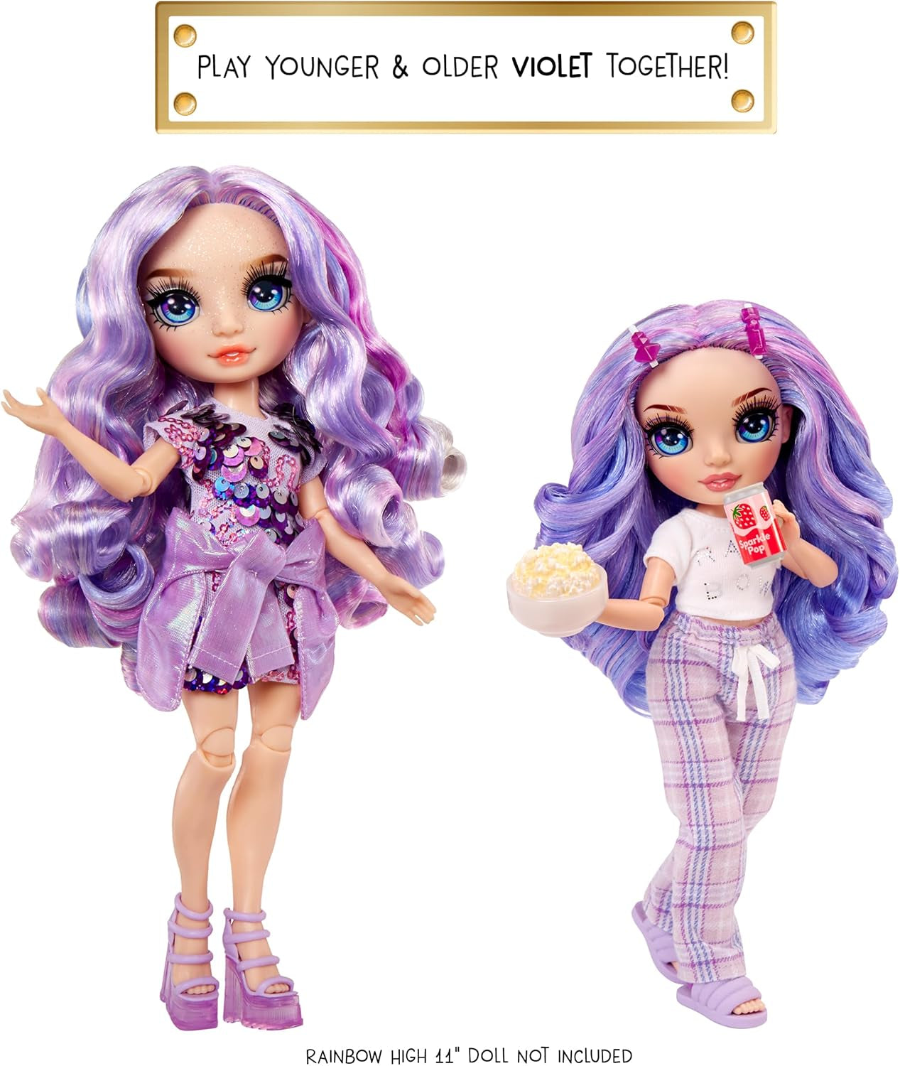 Rainbow High Junior High PJ Party Doll - Violet - 22 cm med blød jumpsuit, hjemmesko og legetilbehør - Børnelegetøj - Ideel til 4-12 år