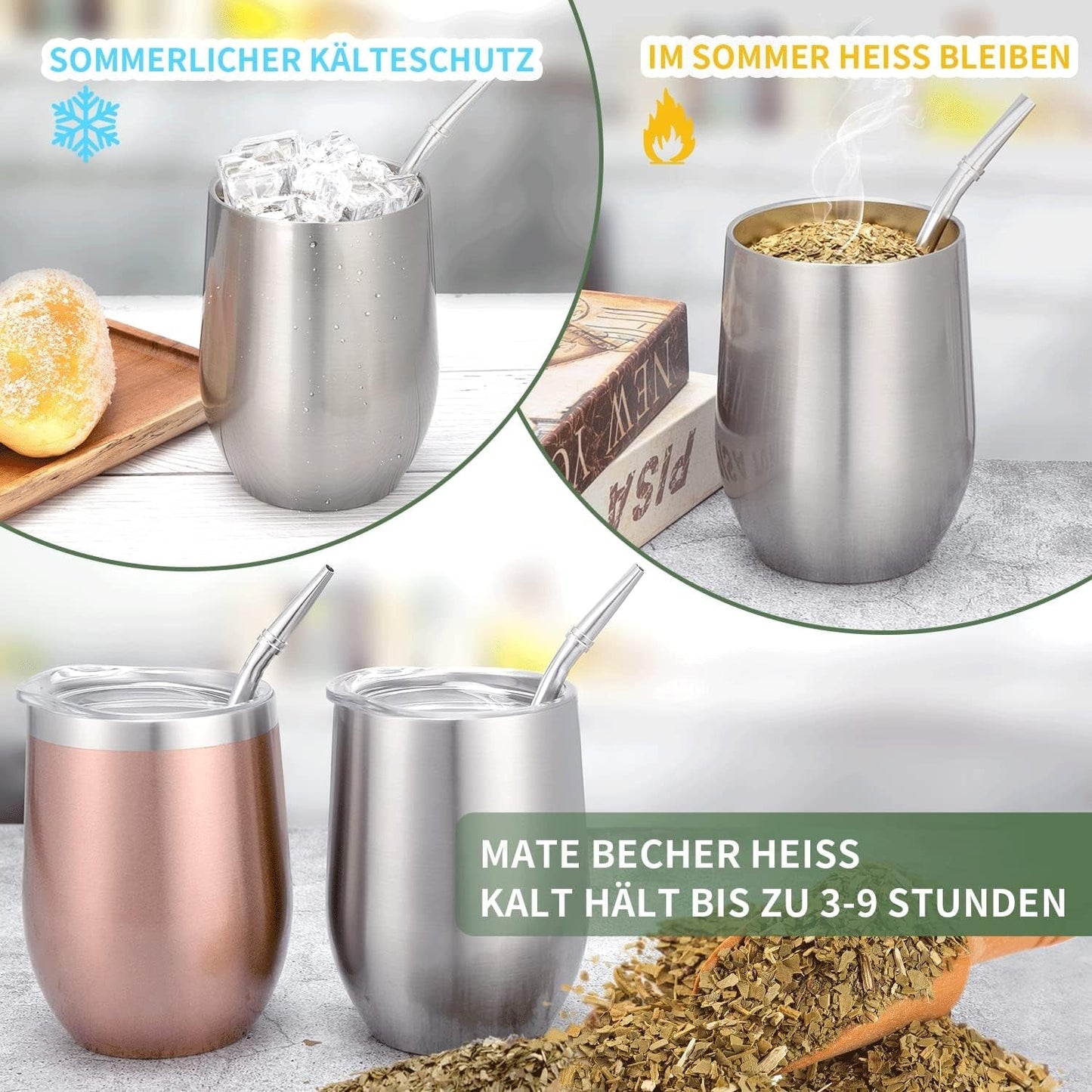 Moderne Mate-krus 340 ml, isoleret Yerba Mate-krussæt med dobbeltvæg i rustfrit stål, Mate-tekrus med BPA-frit låg, Bombillas og en rensebørste (sølv)