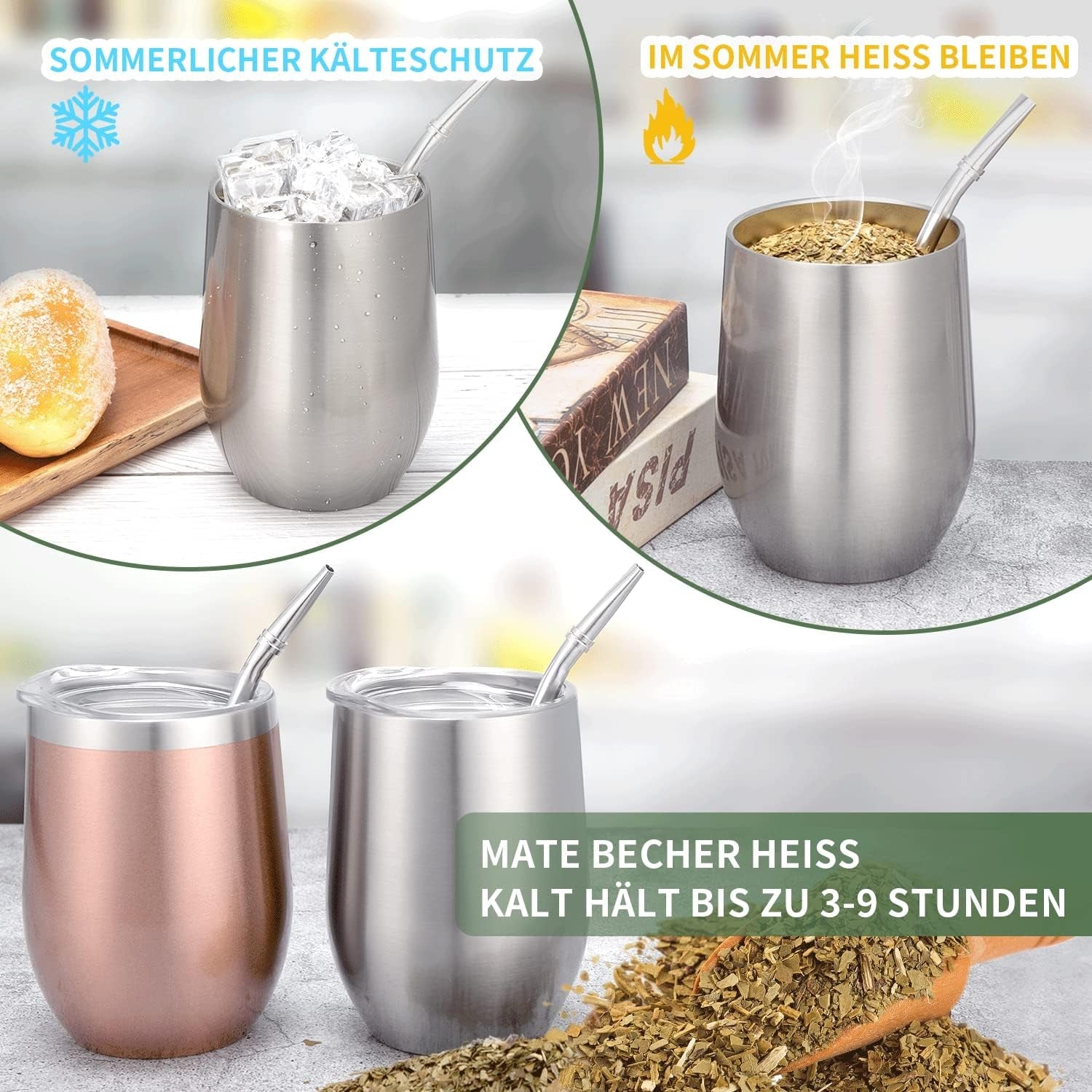 Moderne Mate-krus 340 ml, isoleret Yerba Mate-krussæt med dobbeltvæg i rustfrit stål, Mate-tekrus med BPA-frit låg, Bombillas og en rensebørste (sølv)