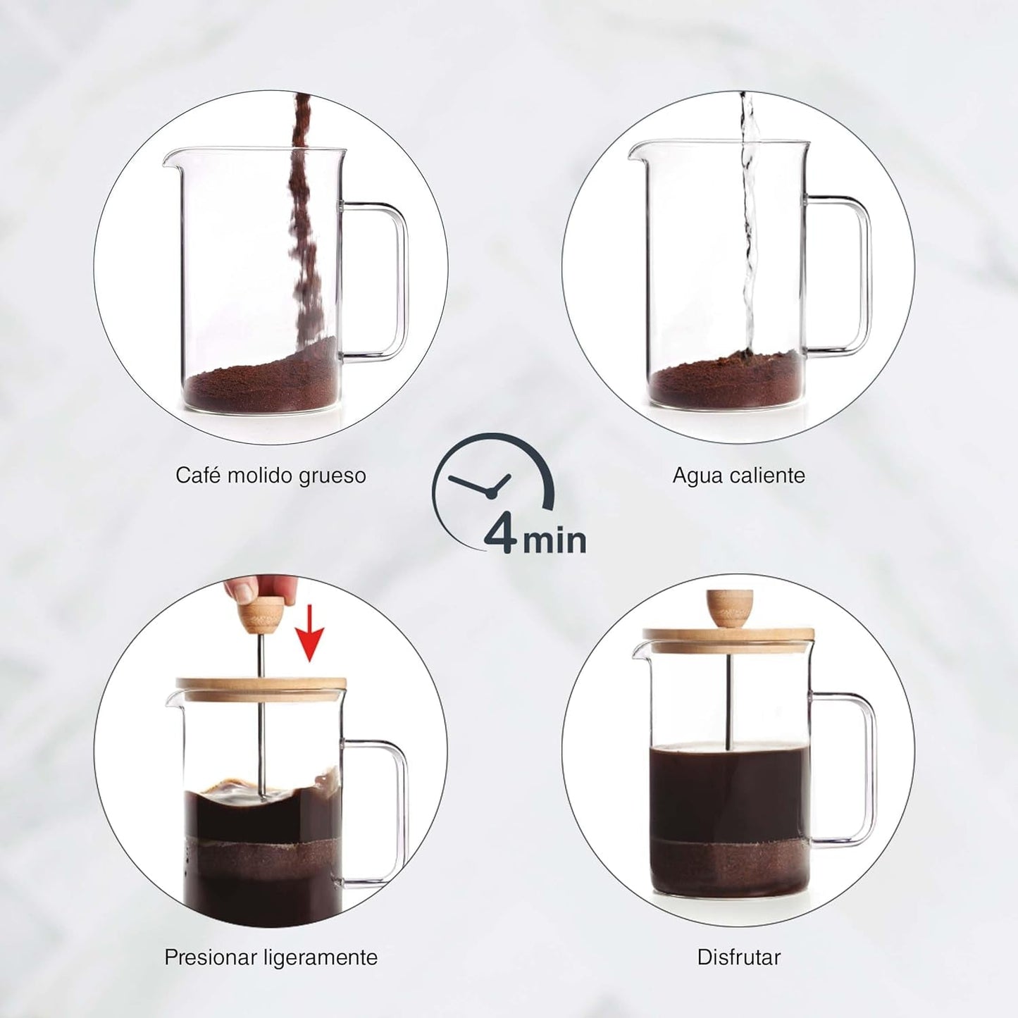 Fransk kaffemaskine, kaffepresse, stempelkaffemaskine, fransk filterkaffekande, 3 kopper, 0,35 l, stål og træ