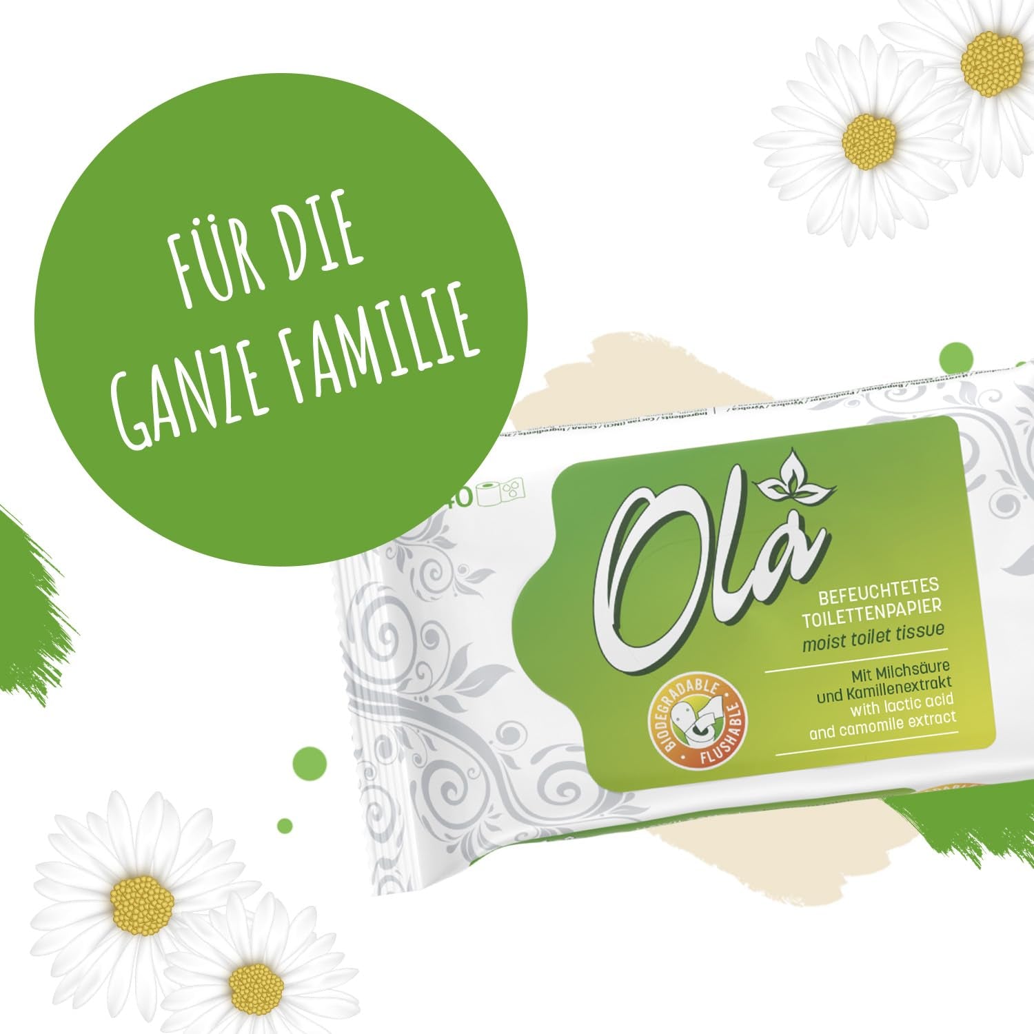 OLA vådt toiletpapir - (1X40 stk.) Vådservietter - kamilleekstrakt og mælkesyre, vaskbar, følsom hud - 40 stk.