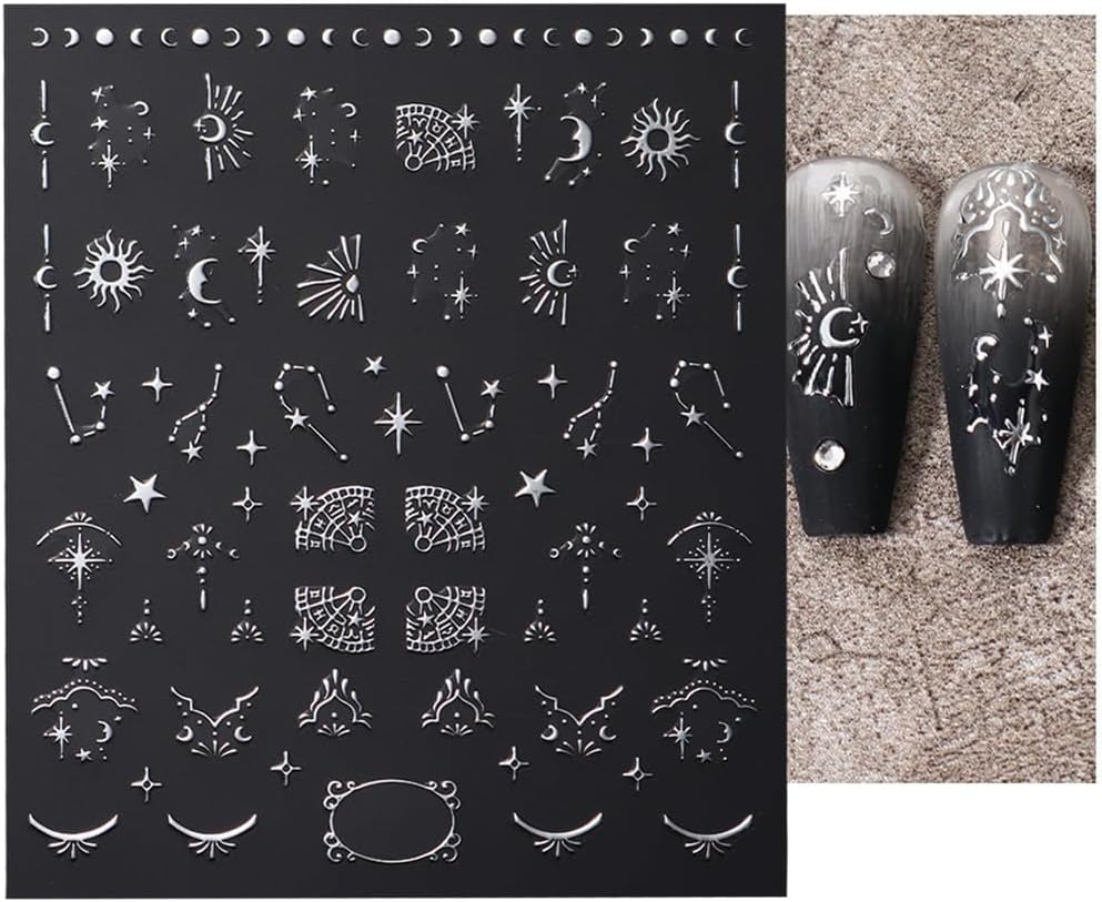 3D sølv metalliske neglestickers, neglestickers til kvinder, stjerne, måne, sol, neglefolie, selvklæbende stickers, sommerfugle negle stickers, negle stickers, negledesign tilbehør, 8 stk.